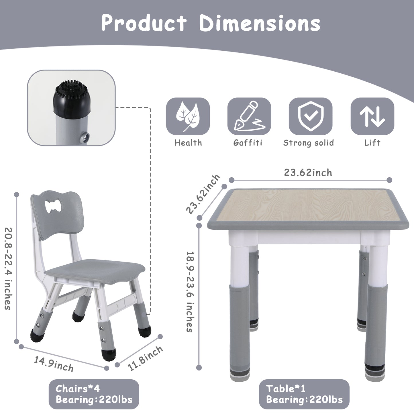 LAZY BUDDY Kids Table and 4 Chairs Set, Height Adjustable Toddler Table and Chair Set for Ages 2-10, Arts & Crafts Table for Classrooms/Daycares/Homes