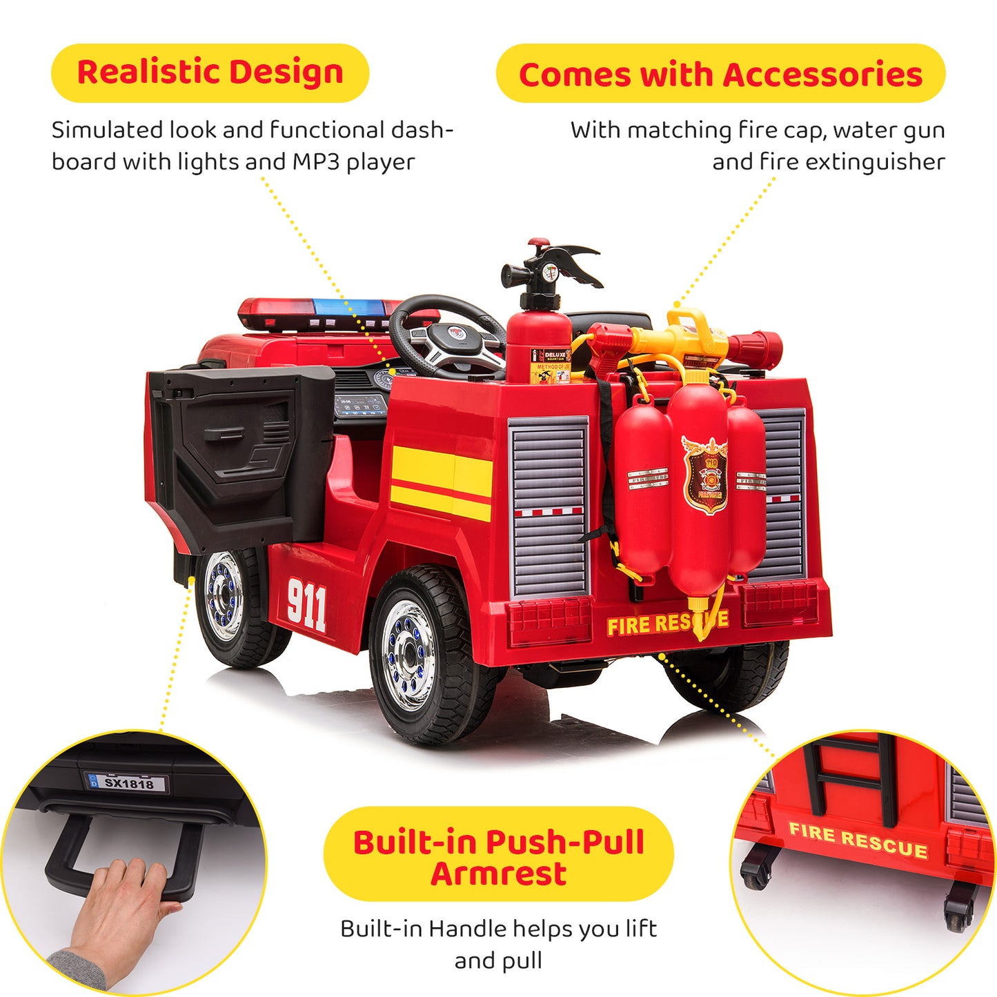 LAZY BUDDY Kids 12V Ride On Fire Truck Battery Powered Ride-Ons Toy Car with Remote Control, Siren for Boys Girls 3-6 Years