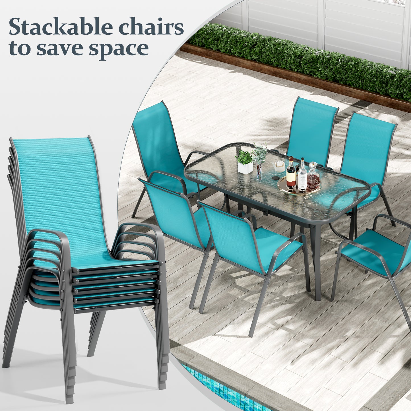 LAZY BUDDY Patio Dining Set of 7 with Umbrella Hole, Outdoor Furniture Table and 6 Textilene Chairs for Lawn, Backyard, Deck, 330LBS