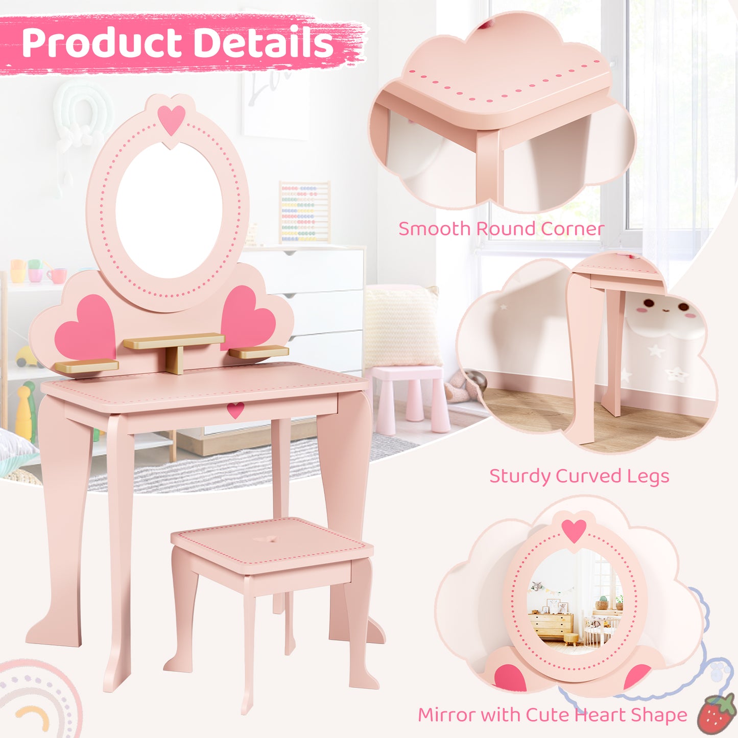 LAZY BUDDY Kids Vanity Set, Wooden Vanity Table and Chair with Mirror, Including 8pcs Pretend Play Makeup Accessories, Princess Dressing Makeup Table for Girls 3+