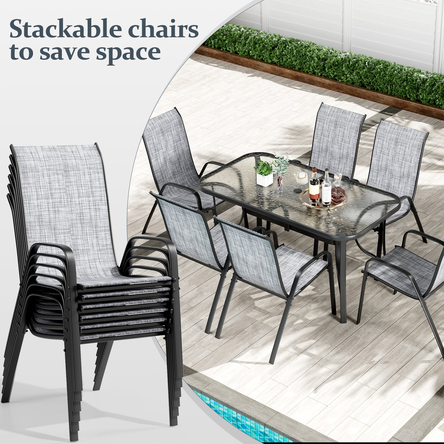 LAZY BUDDY Patio Dining Set of 7 with Umbrella Hole, Outdoor Furniture Table and 6 Textilene Chairs for Lawn, Backyard, Deck, 330LBS