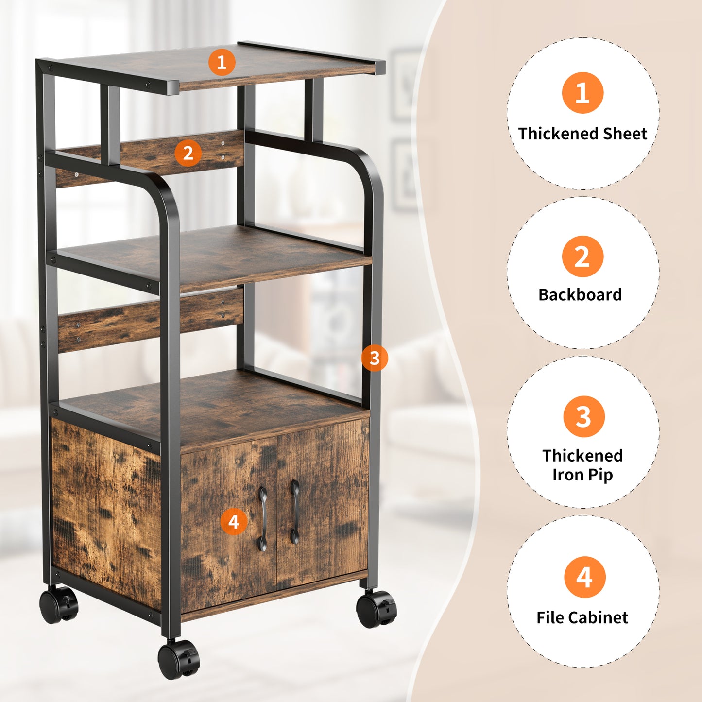 LAZY BUDDY 4-Tier Printer Stand with Lockable Casters and Wooden Cabinet Multi-Purpose Shelf Rack Movable Storage Cart Floor-Standing Printer Cart