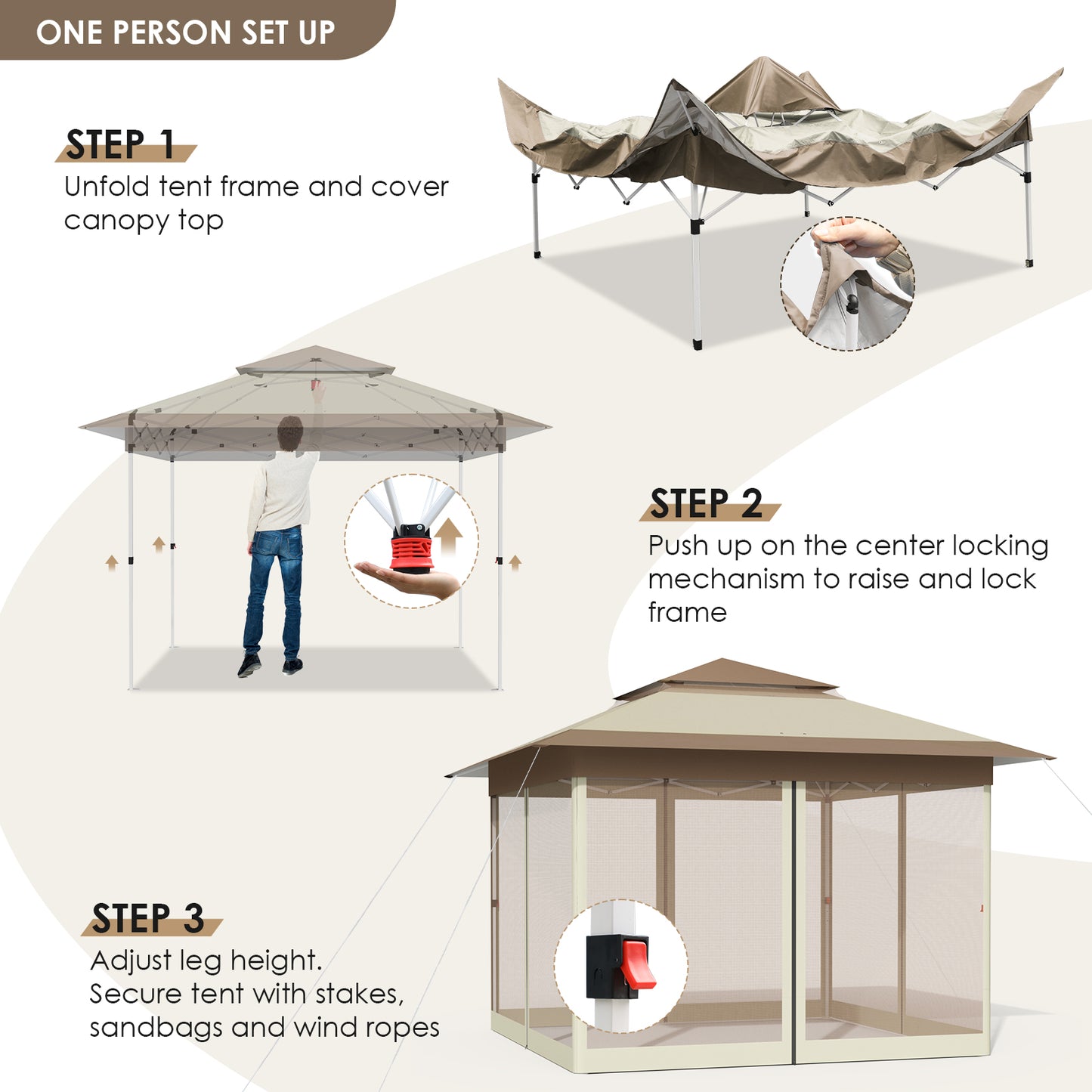 LAZY BUDDY 11' x 11' Pop up Canopy Tent, Outdoor Screen Tent with 4 Mosquito Netting, Straight Leg Folding Instant Shelter, Beige