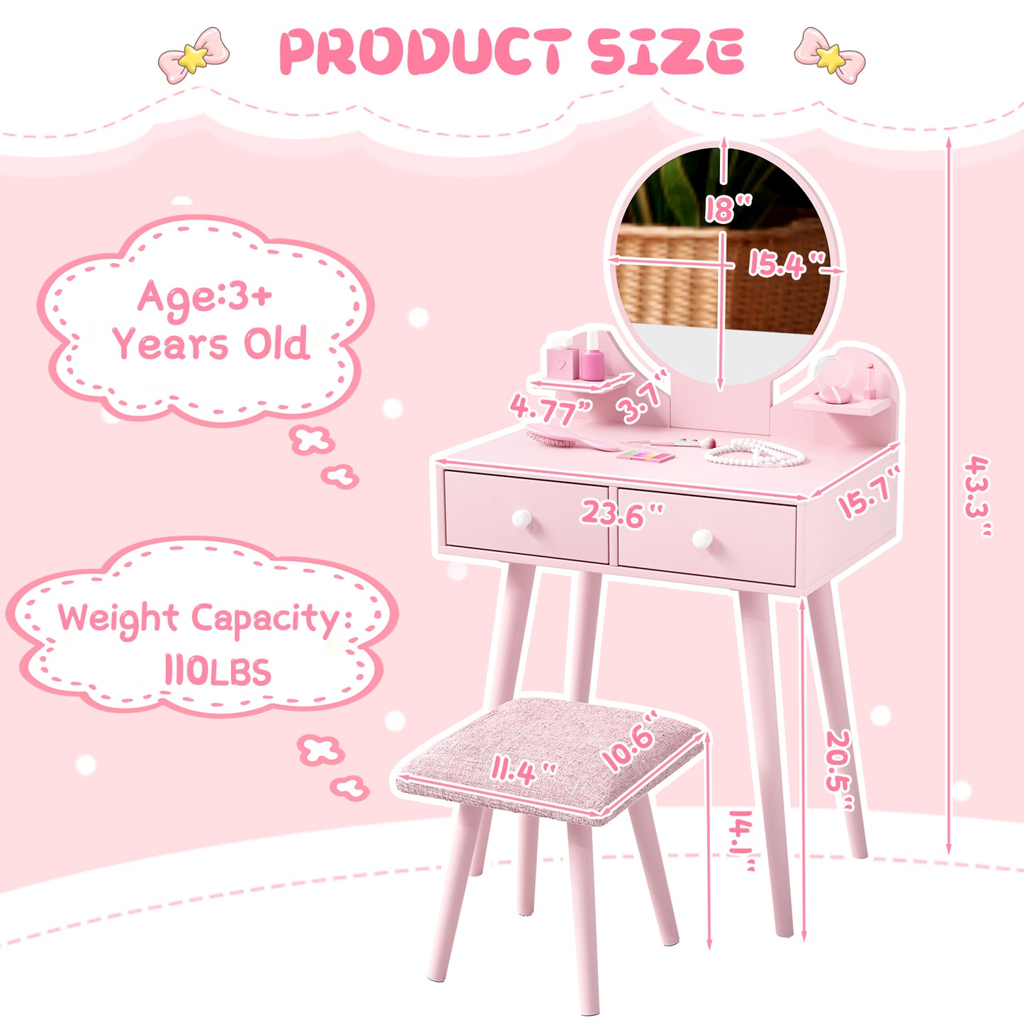 LAZY BUDDY Wooden Kids Vanity Set with Stool and Mirror, Girls Princess Makeup Desk Dressing Table with Drawers for Toddlers 3+