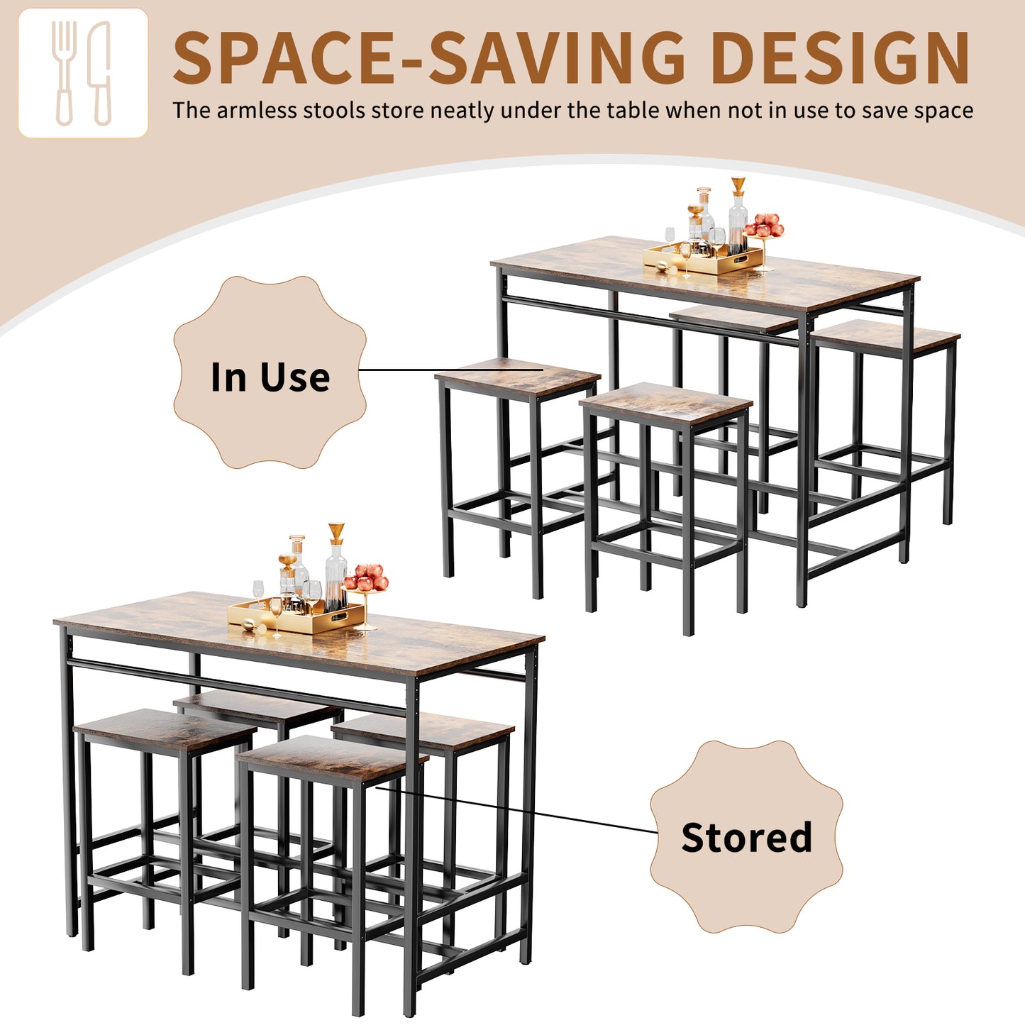 LAZY BUDDY 5-Piece Bar Table Set, Compact Counter Height Kitchen Dining Table with 4 Stools for Apartment, Small Spaces