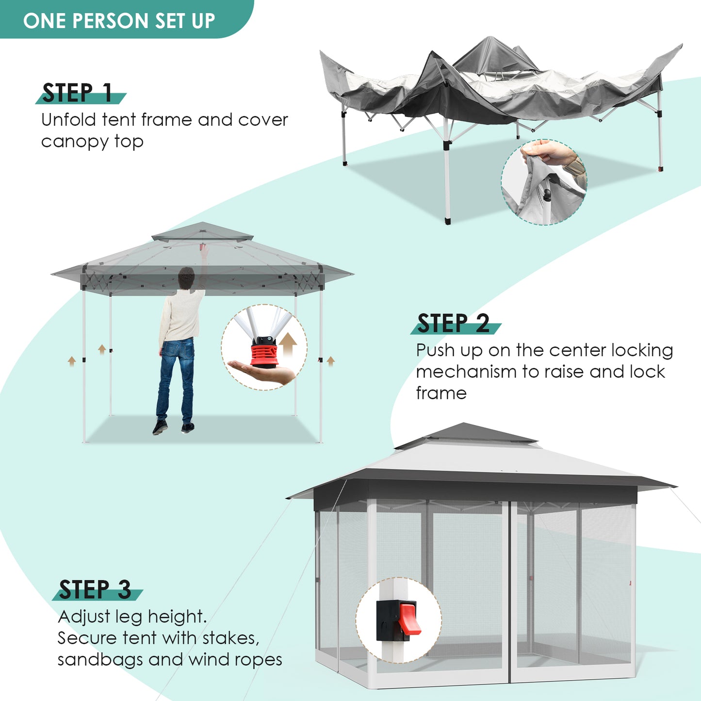 LAZY BUDDY Outdoor Pop Up Gazebo, 11' x 11' Screen House Room Tent, Folding Instant Shelter for Beach, Party and Camping, Gray