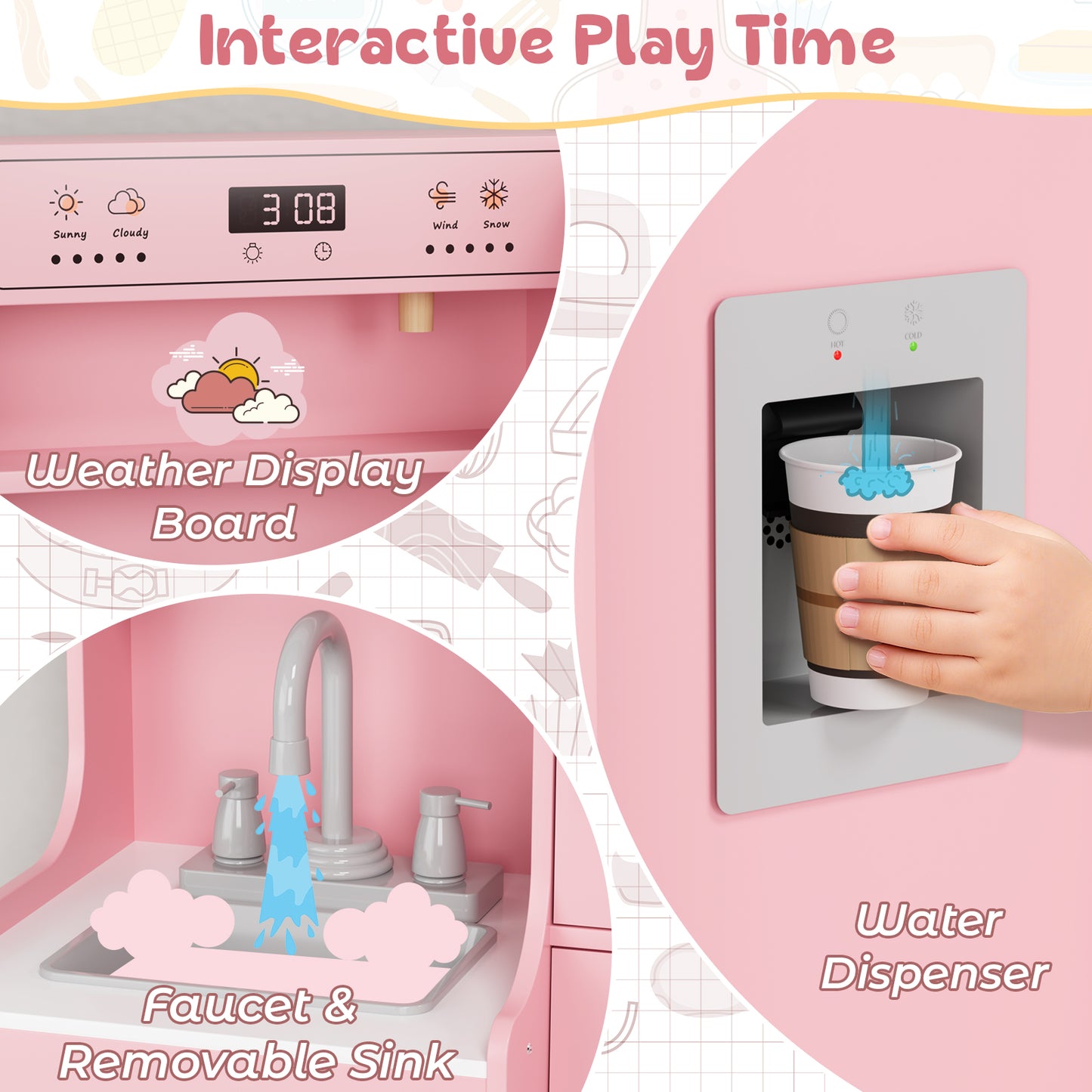 LAZY BUDDY Kids Kitchen Playset, Interactive Toy with Lights and Sounds, Toddlers Wooden Kitchen Playset with 5 Accessories