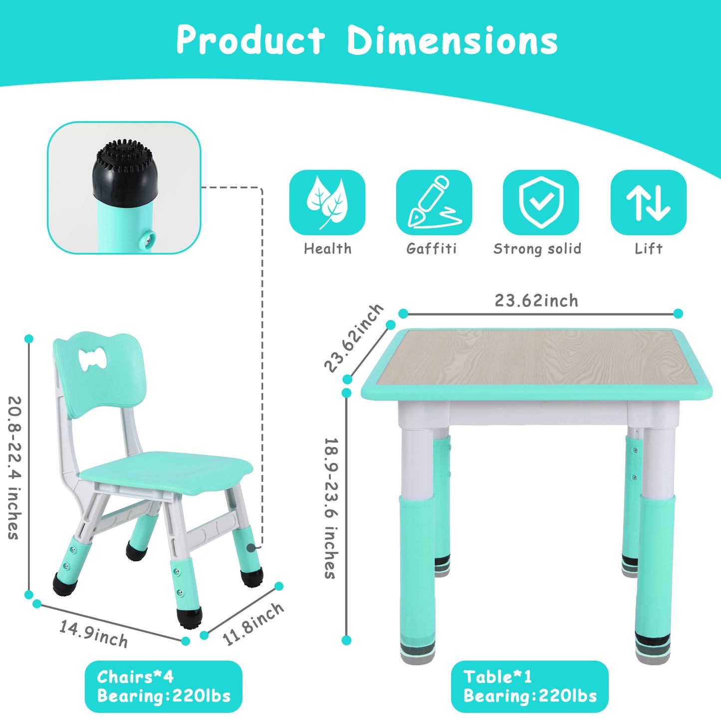 LAZY BUDDY Kids Table and 4 Chairs Set, Height Adjustable Toddler Table and Chair Set for Ages 2-10, Arts & Crafts Table for Classrooms/Daycares/Homes