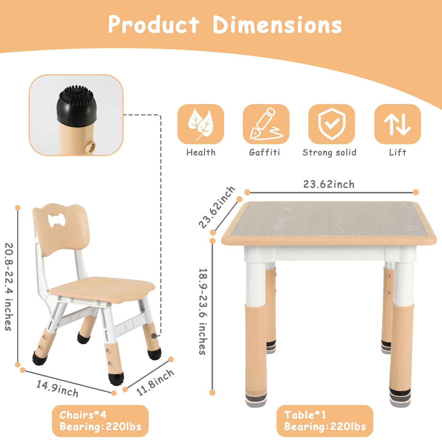 LAZY BUDDY Kids Table and 4 Chairs Set, Height Adjustable Toddler Table and Chair Set for Ages 2-10, Arts & Crafts Table for Classrooms/Daycares/Homes