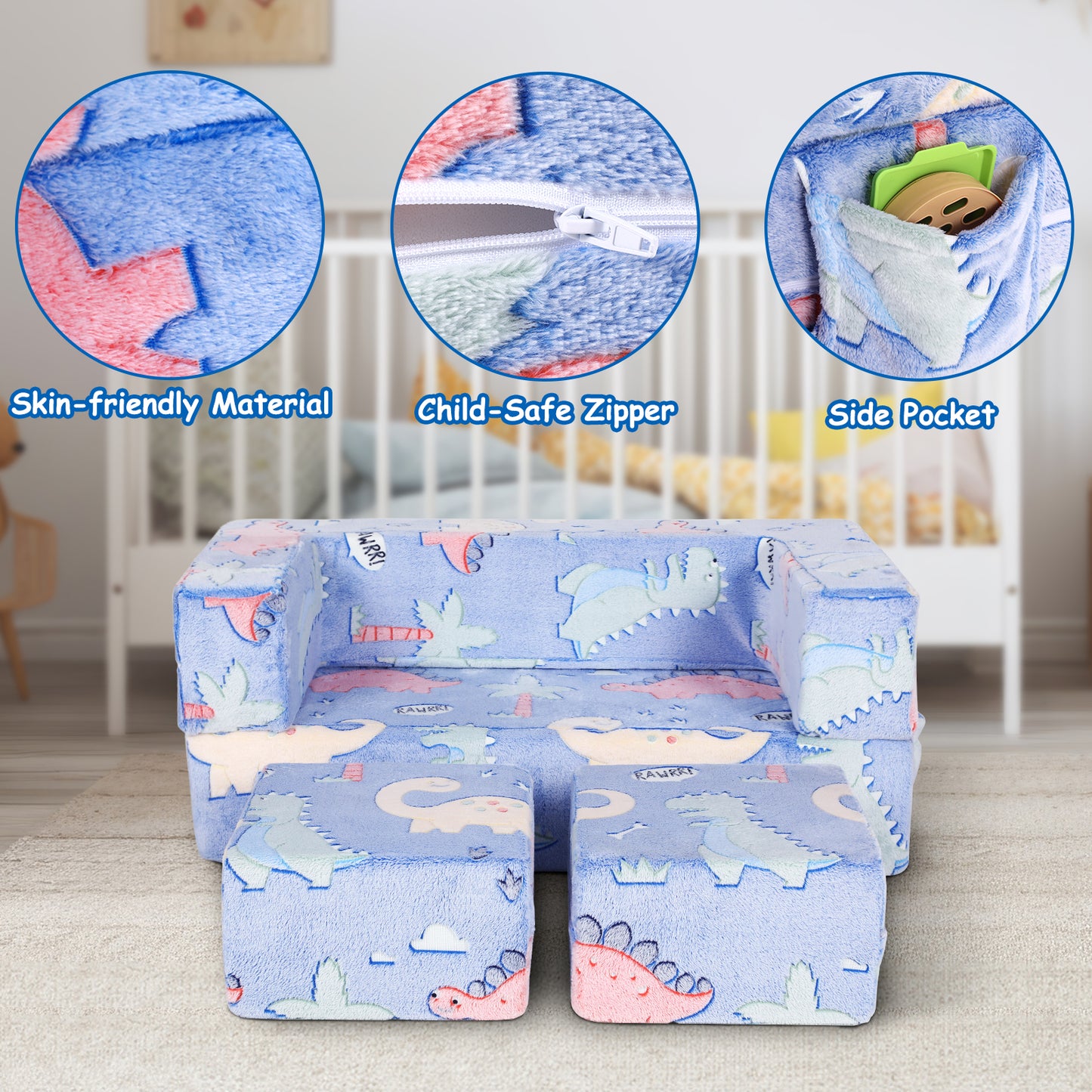 LAZY BUDDY Kids and Toddler Play Sofa Couch Fold Out Plush Foam Chair with 2 Ottoman and Washable Cover Glow in Dark