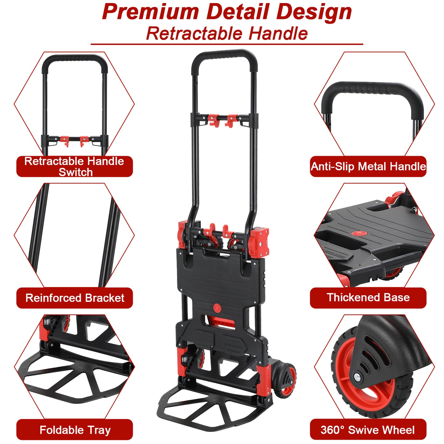 LAZY BUDDY Folding Hand Truck Dolly, 2-in-1 Heavy-duty Platform Cart with 22" Folding Basket, Collapsible Utility Luggage Dolly Cart, Red, 330LBS