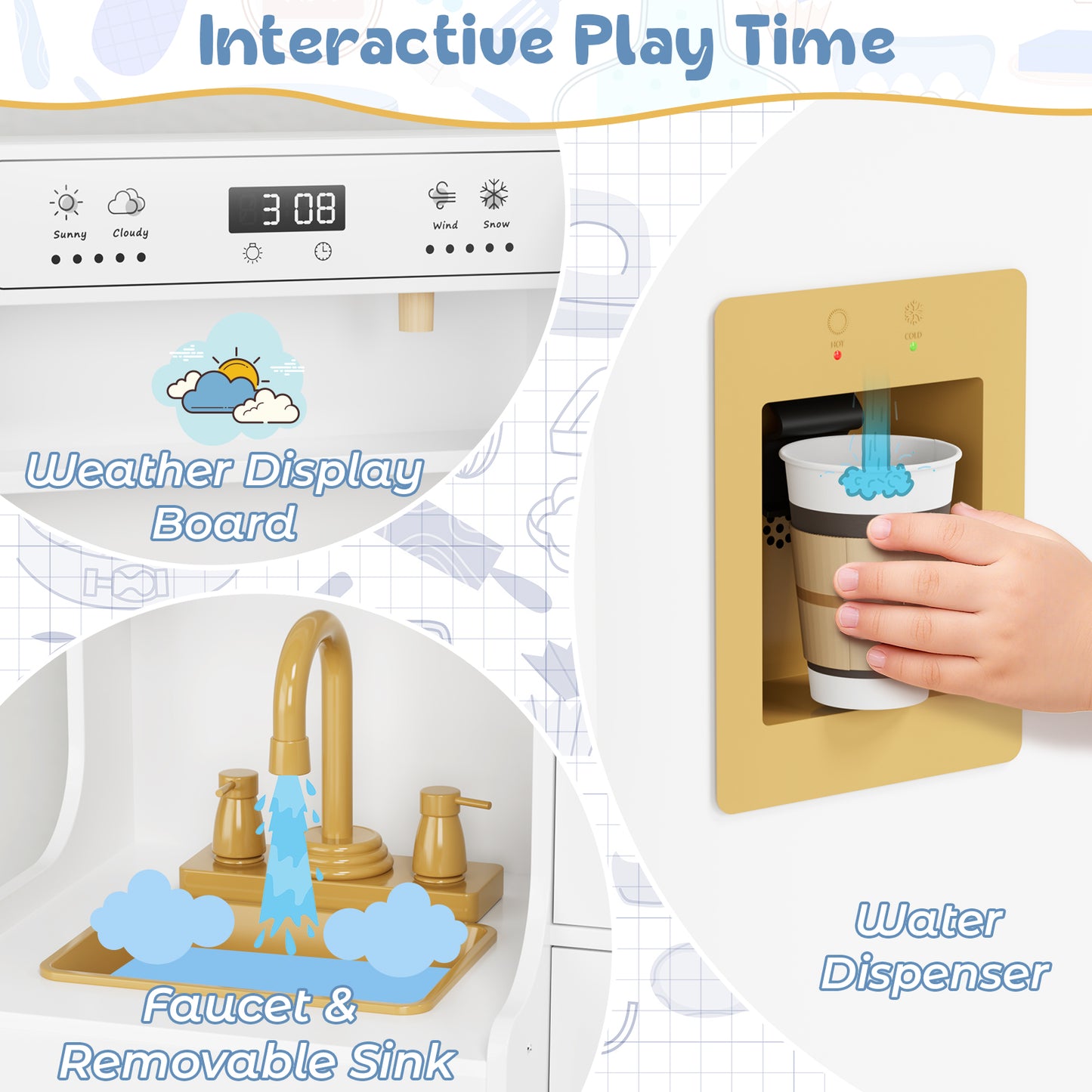 LAZY BUDDY Kids Kitchen Playset, Interactive Toy with Lights and Sounds, Toddlers Wooden Kitchen Playset with 5 Accessories