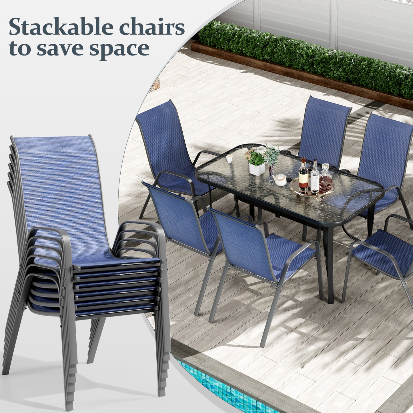 LAZY BUDDY Patio Dining Set of 7 with Umbrella Hole, Outdoor Furniture Table and 6 Textilene Chairs for Lawn, Backyard, Deck, 330LBS
