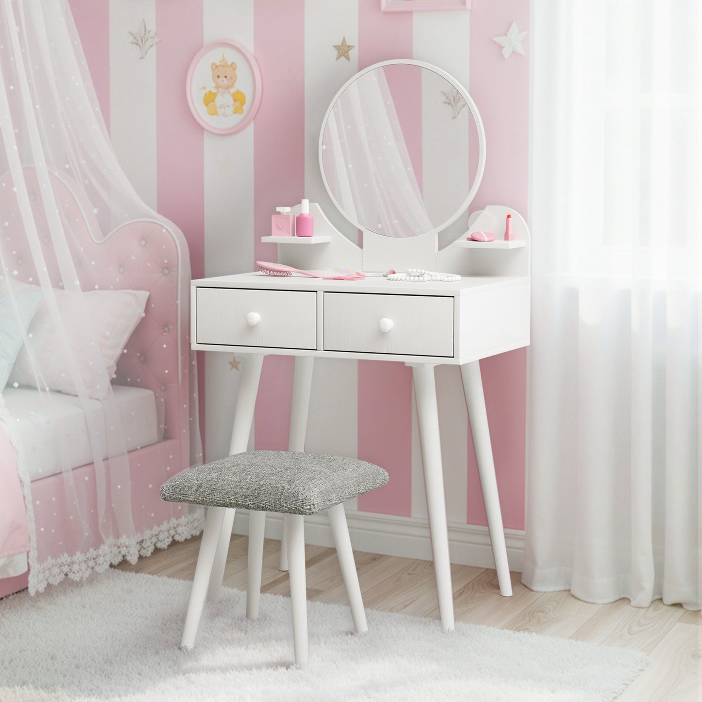 LAZY BUDDY Wooden Kids Vanity Set with Stool and Mirror, Girls Princess Makeup Desk Dressing Table with Drawers for Toddlers 3+