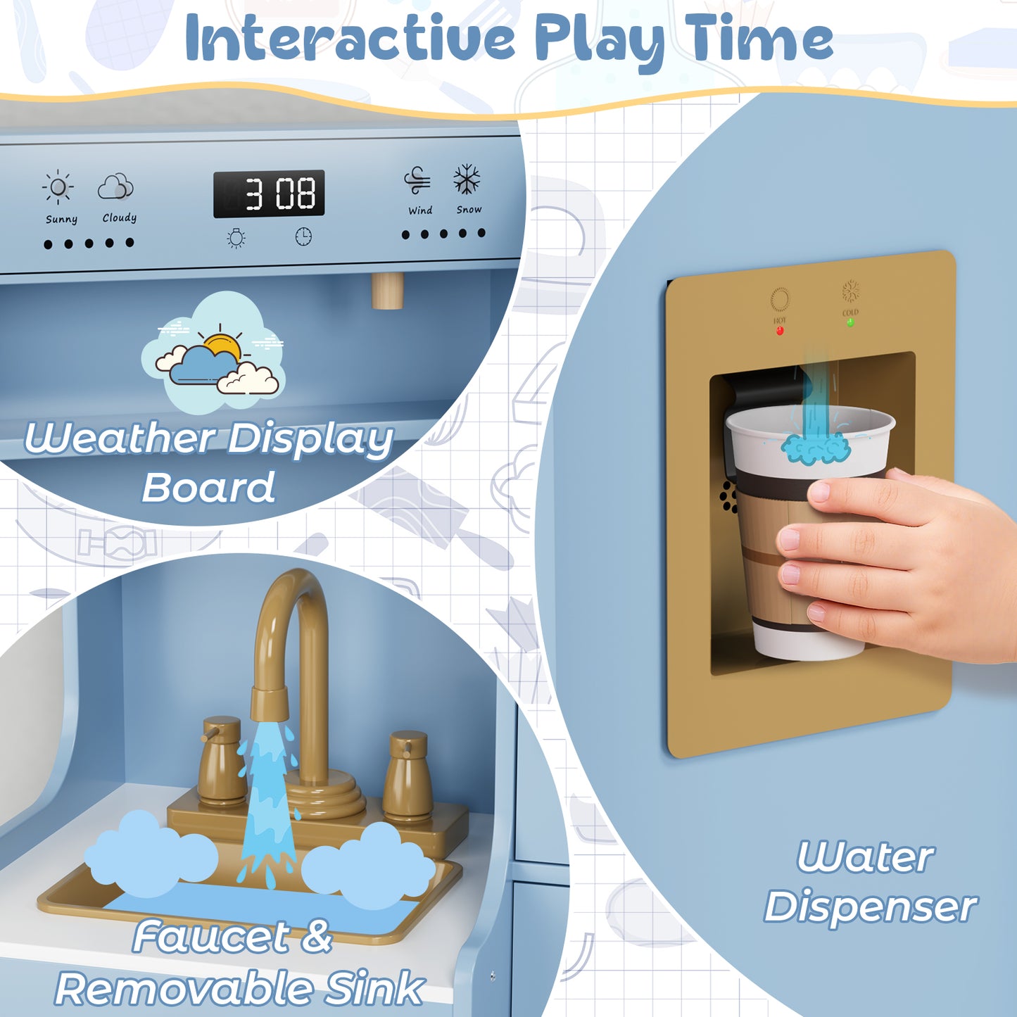 LAZY BUDDY Kids Kitchen Playset, Interactive Toy with Lights and Sounds, Toddlers Wooden Kitchen Playset with 5 Accessories