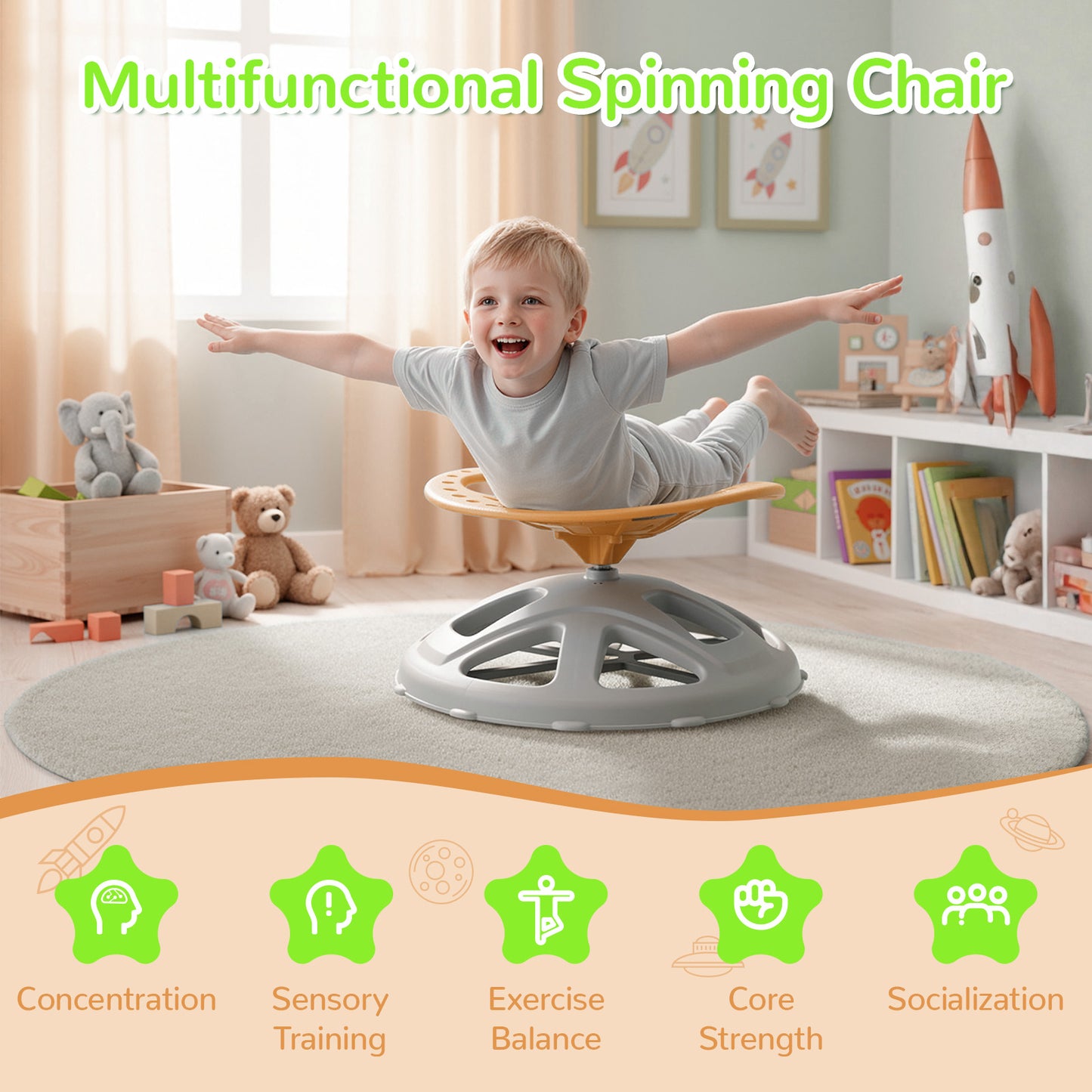 LAZY BUDDY Sensory Spinning Chair, Kids Swivel Chair with Safety Handles & Non-Slip Base, Sensory Toy for Toddler with Autism & ADHD