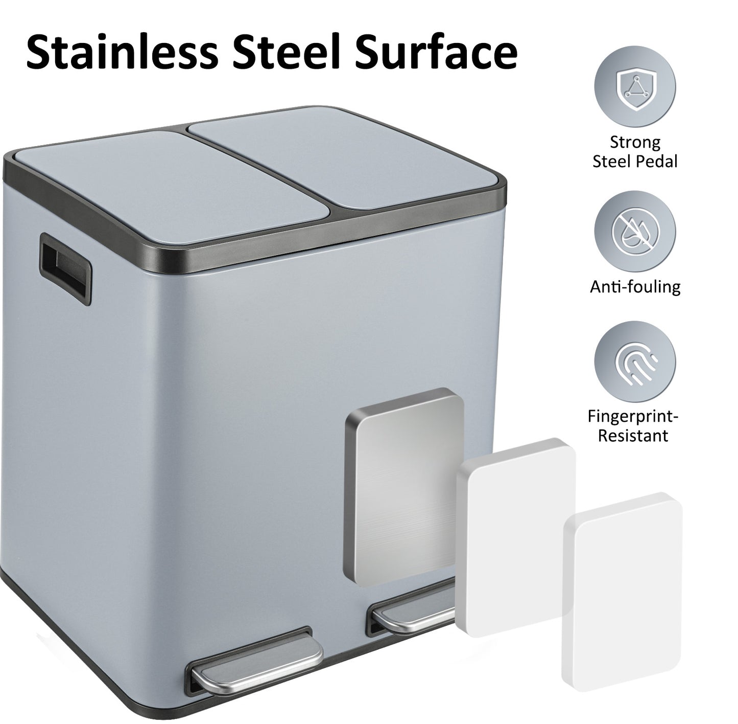 LAZY BUDDY 48L / 30L Dual Trash Can, 12.7 / 8 Gallon Stainless Steel Step Garbage Recycle Bin with Double Compartments