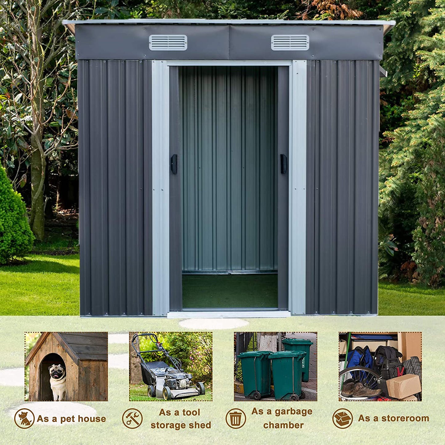 LAZY BUDDY Alloy Steel Storage Shed Lockable Outdoor Garden Tools Storage Organizer - 3.5 x 6 FT