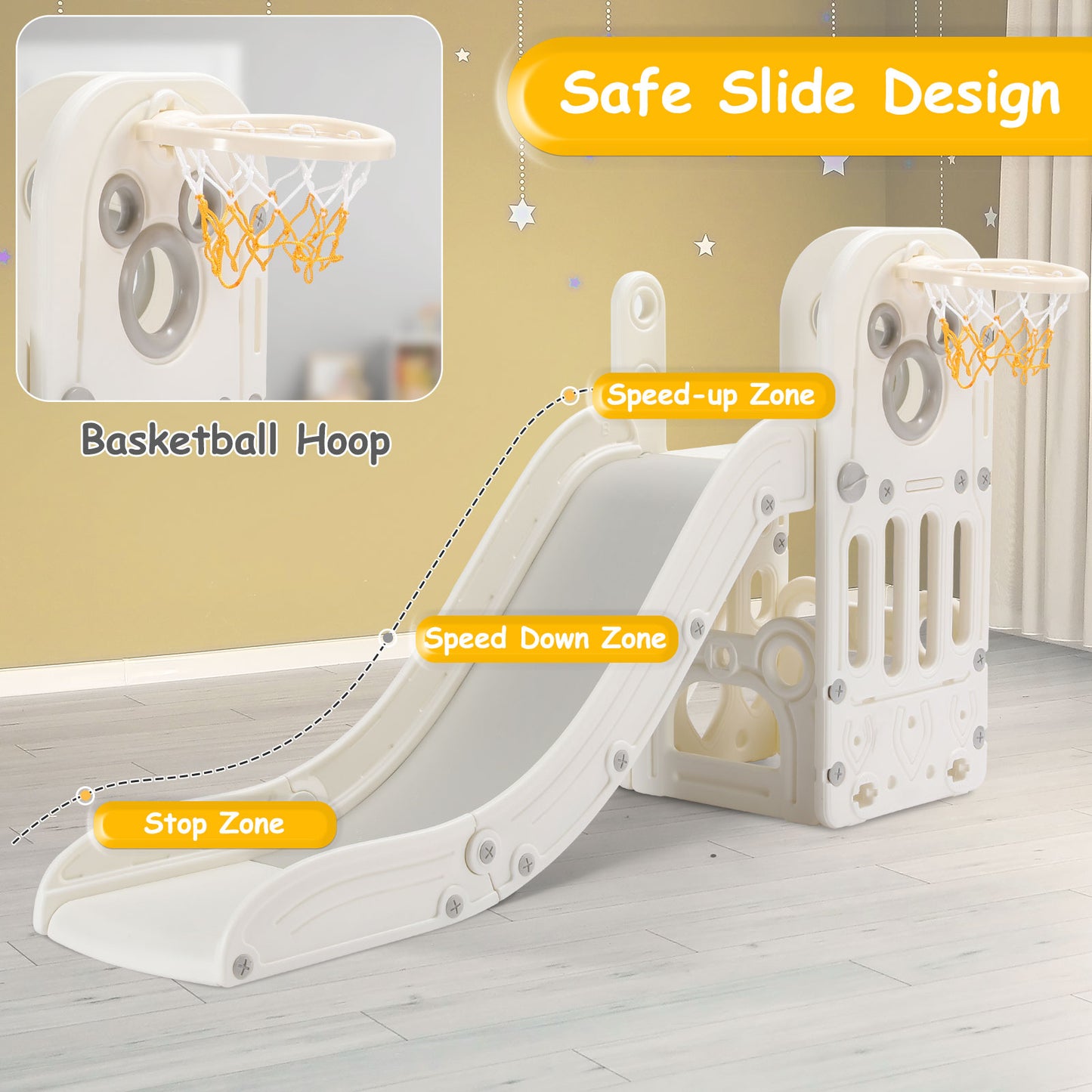 LAZY BUDDY Toddler Slide, 4-in-1 Kids Slide Play Climber, Freestanding Slide with Basketball Hoop, Baby Playset Indoor Outdoor Children Toys for Boys Girls White