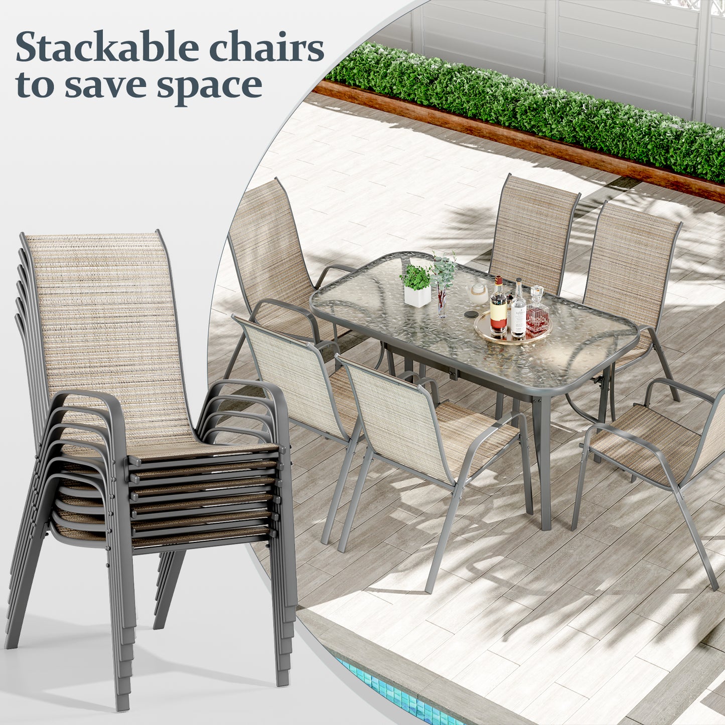LAZY BUDDY Patio Dining Set of 7 with Umbrella Hole, Outdoor Furniture Table and 6 Textilene Chairs for Lawn, Backyard, Deck, 330LBS