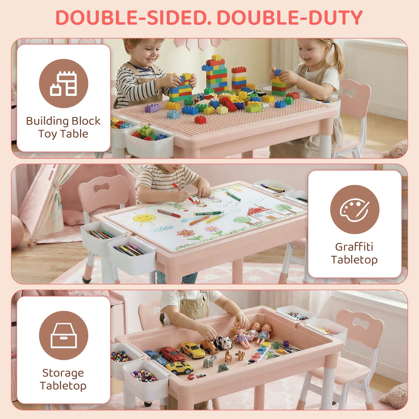 LAZY BUDDY Kids Table and Chairs Set with Storage Boxes, Height Adjustable Toddler Activity Table and 2 Chairs Set with Graffiti & Building Blocks Double-Sided Tabletop