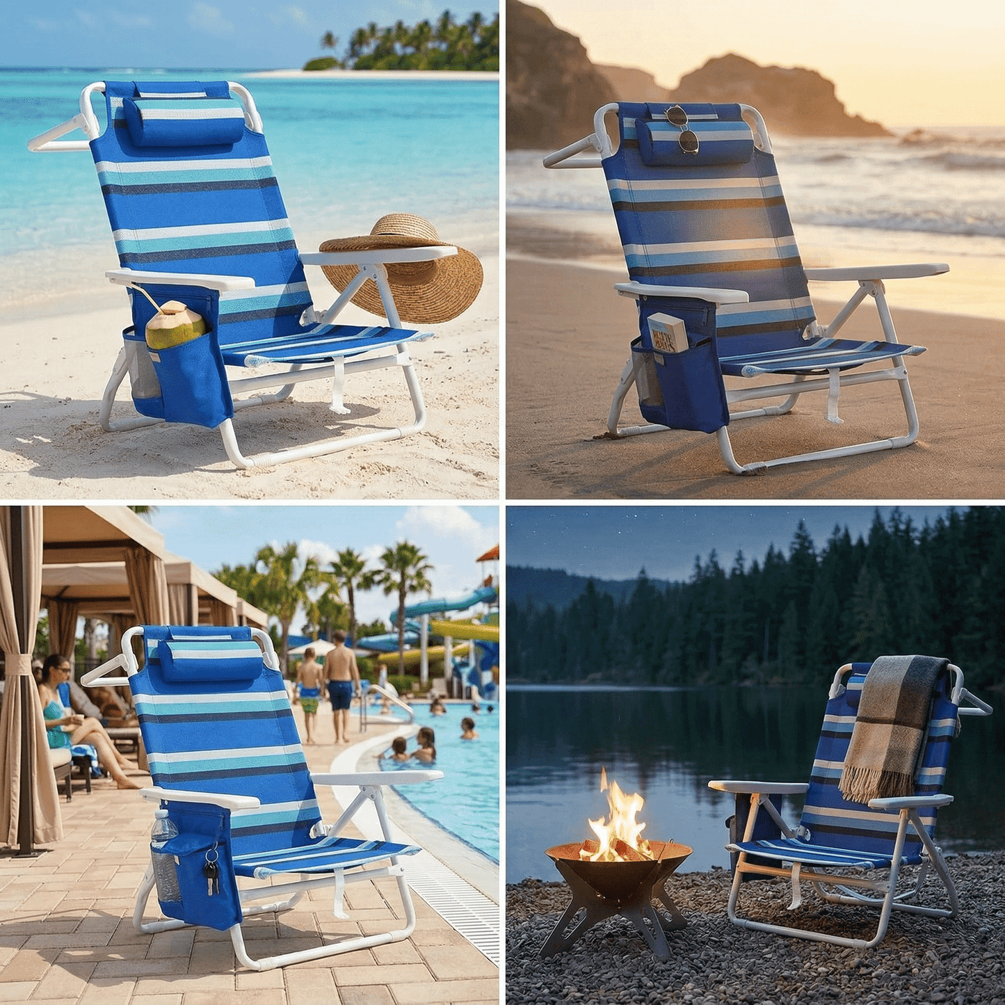 LAZY BUDDY  Low Beach Chair, Backpack Beach Chair for Adults with 5-Position, Lightweight Folding Beach Camping Chairs with Cup Holder, Storage Bag