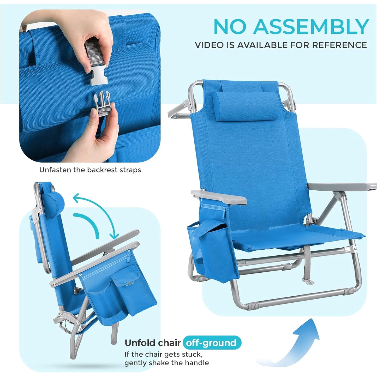 LAZY BUDDY  Low Beach Chair, Backpack Beach Chair for Adults with 5-Position, Lightweight Folding Beach Camping Chairs with Cup Holder, Storage Bag