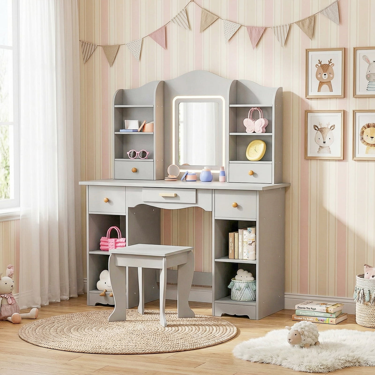 LAZY BUDDY Wooden Kids Vanity Table with Lights, Mirror and Stool, 2 in 1 Toddler Pretend Play Dressing Table with Drawers & Open Shelves for Little Girls