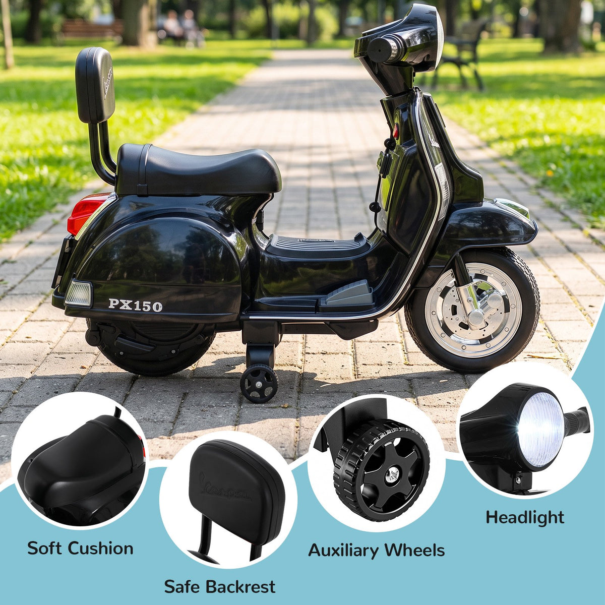 LAZY BUDDY Licensed Vespa Ride on Scooter, 6V Electric Motorcycle for Kids with Training Wheels, LED Headlight, Ride on Toy Gift for 3+