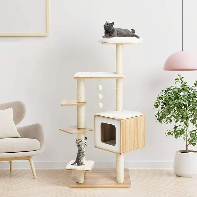 LAZY BUDDY 54.4'' Wooden Cat Tree Condo Multi-Level Cat Climbing Tower Activity Furniture with Scratching Post Washable Mat - Beige