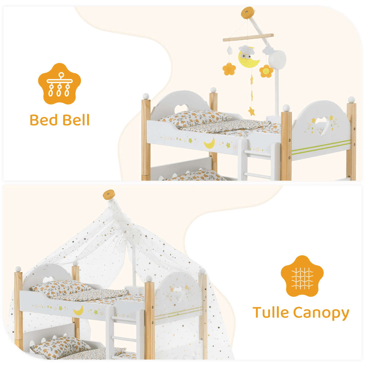 LAZY BUDDY Wooden Bunk Bed for Dolls up to 19in, Baby Dolls Crib with Bedding, Pretend Play Toy for Kids 3+