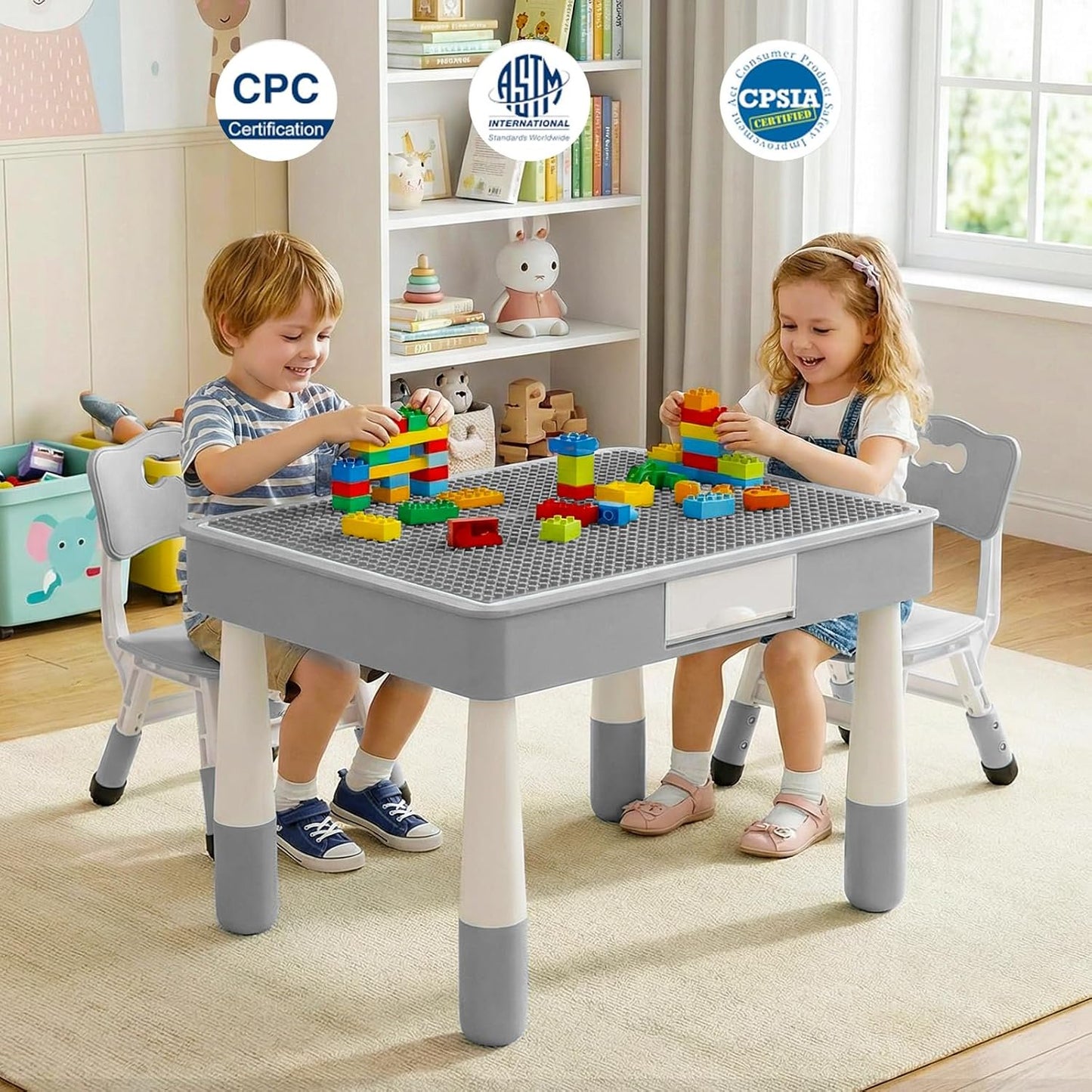 LAZY BUDDY Kids Table and Chairs Set with Storage, Height Adjustable Toddler Activity Table and 2 Chairs Set with 2 in 1 Graffiti/Block Building Desktop, for Playroom, Preschool, Classroom