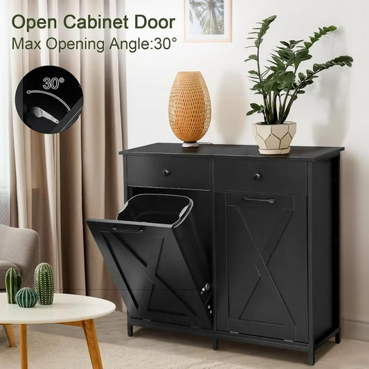 LAZY BUDDY Double Tilt Out Trash Cabinet, Wood Garbage Recycling Station Hideaway Trash Holder Drawers (Black, 2 x 10 Gallon)