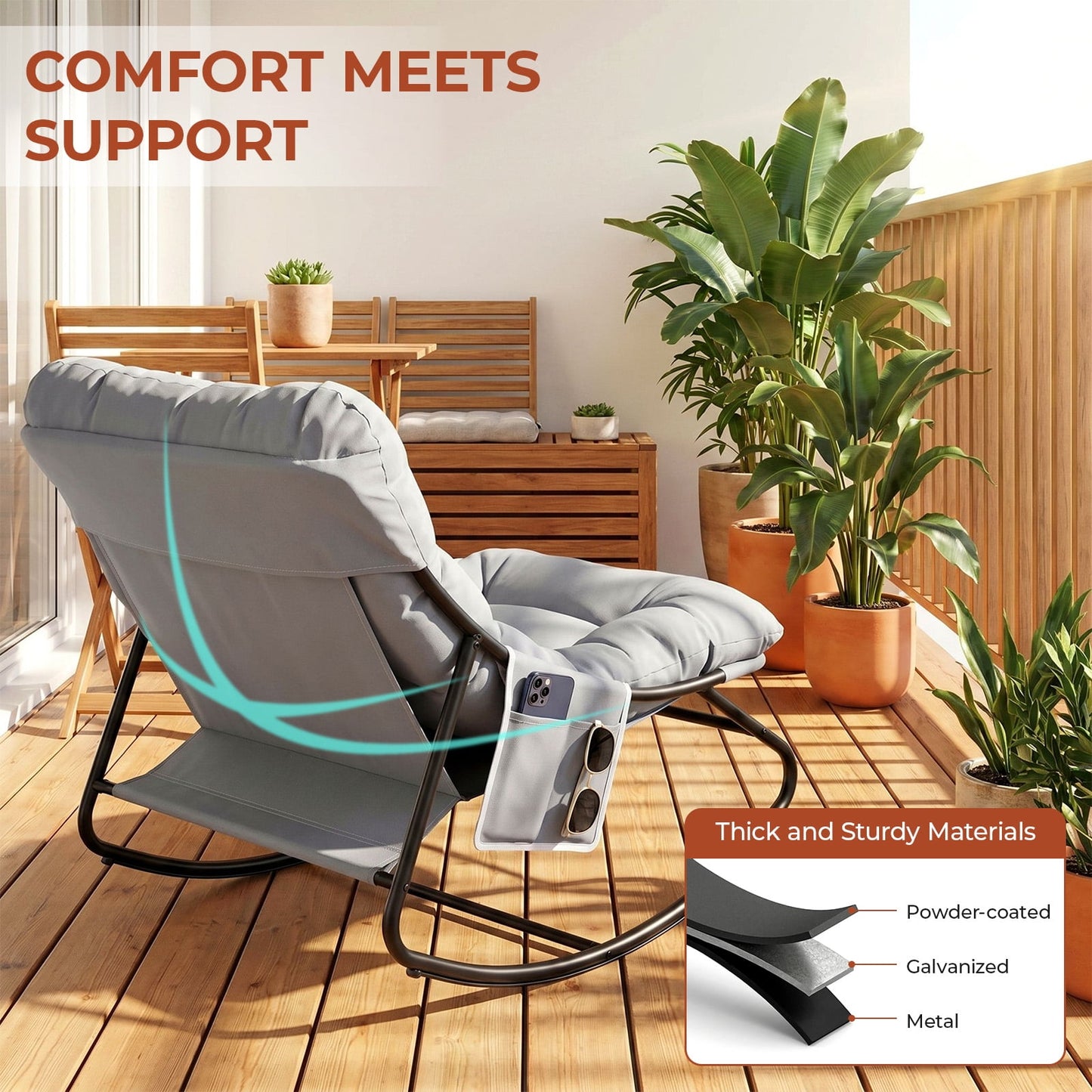 LAZY BUDDY Oversized Outdoor Rocking Chair, Comfy Papasan Rocker Chair with Thick Cushions for Living Room, Bedroom, Balcony, Patio