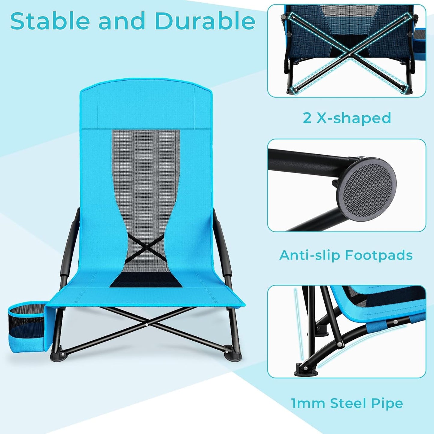 LAZY BUDDY High Back Beach Chair Set of 2, Portable Folding Low Seat Chair for Camping, Beach, Outdoor Concert, 350lbs
