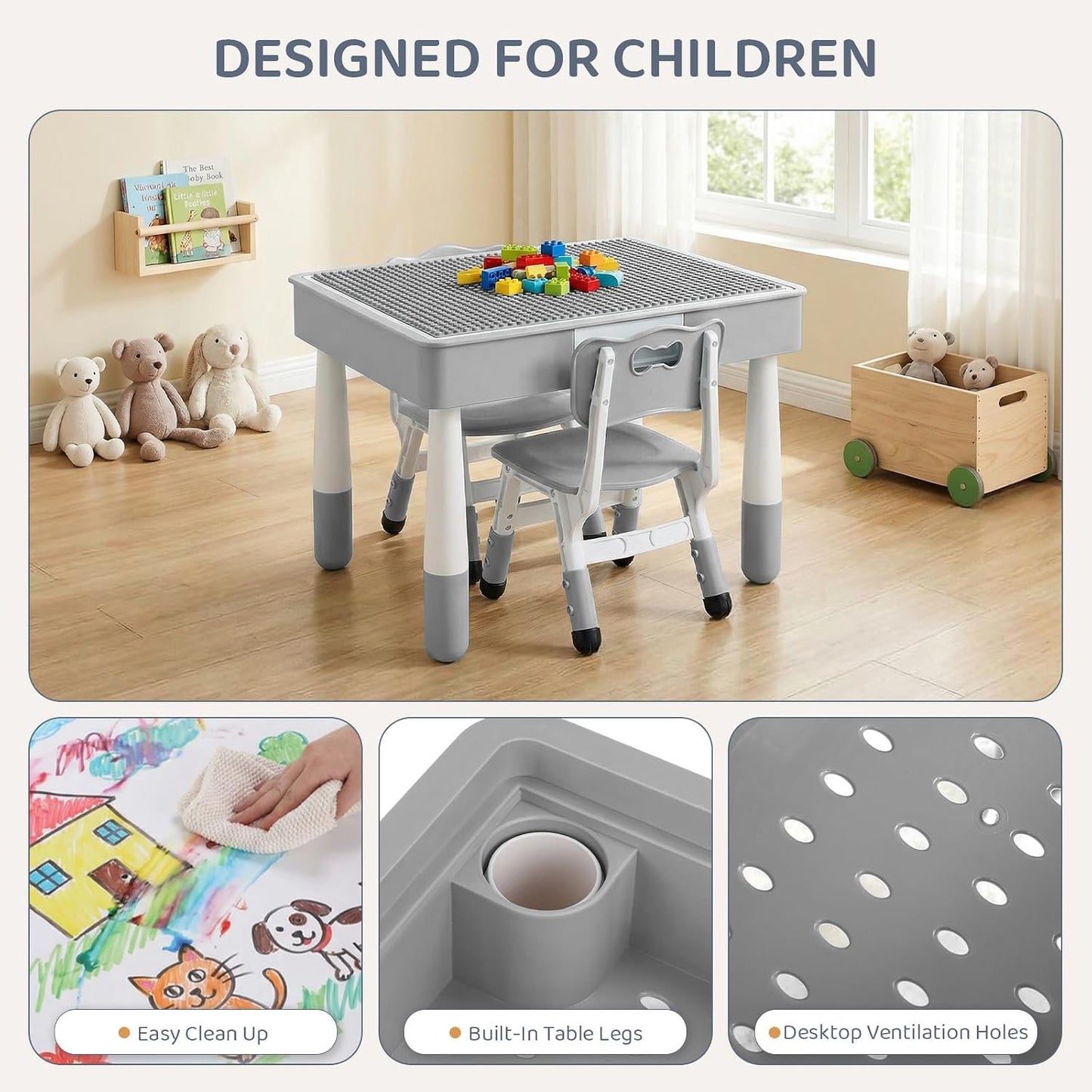 LAZY BUDDY Kids Table and Chairs Set with Storage, Height Adjustable Toddler Activity Table and 2 Chairs Set with 2 in 1 Graffiti/Block Building Desktop, for Playroom, Preschool, Classroom