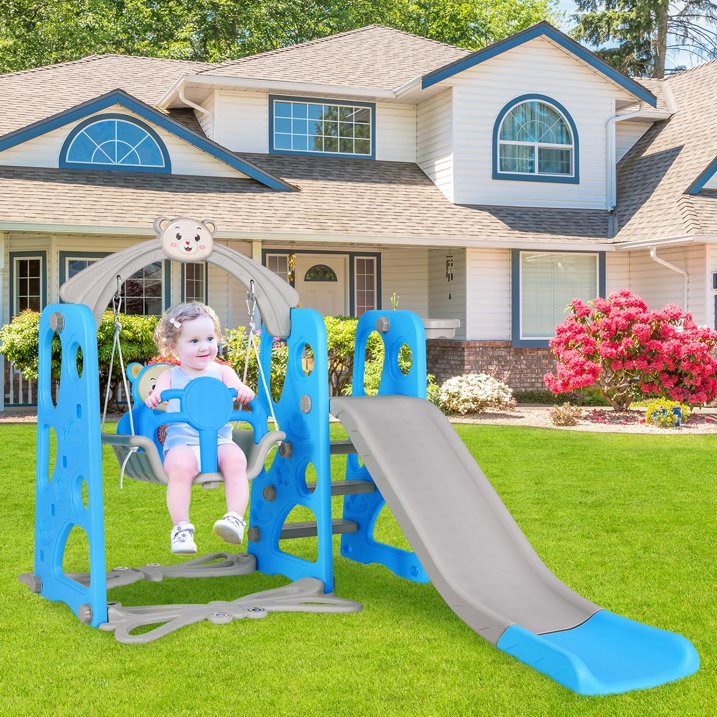 LAZY BUDDY Toddler Slide and Swing Set, 4 in 1 Kids Slide Playset with Basketball Hoop, HDPE Freestanding Playset for In/Outdoor, Blue