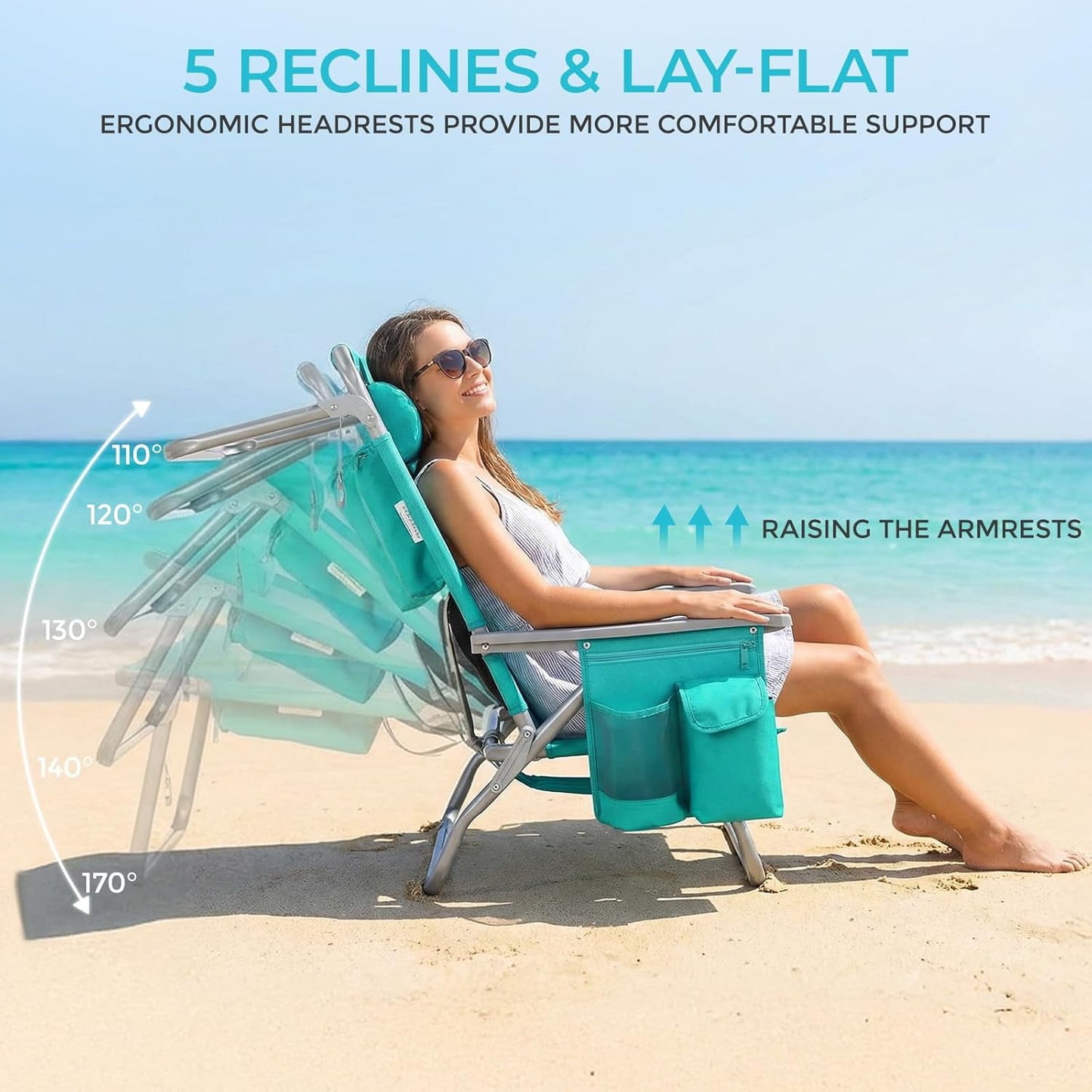 LAZY BUDDY  Low Beach Chair, Backpack Beach Chair for Adults with 5-Position, Lightweight Folding Beach Camping Chairs with Cup Holder, Storage Bag