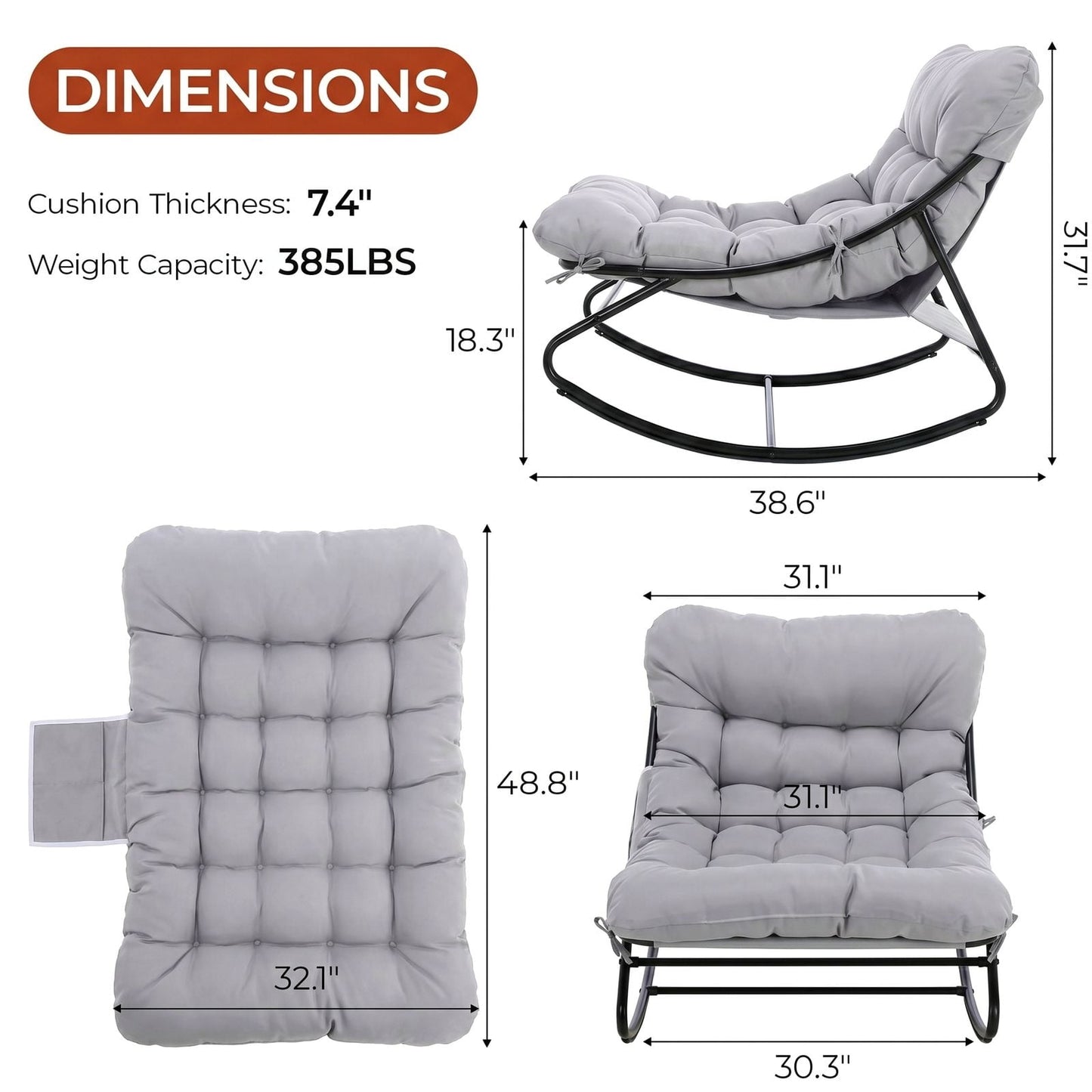 LAZY BUDDY Oversized Outdoor Rocking Chair, Comfy Papasan Rocker Chair with Thick Cushions for Living Room, Bedroom, Balcony, Patio