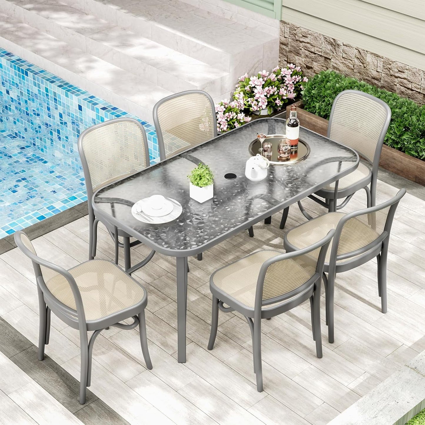 LAZY BUDDY Patio Table with 1.69'' Umbrella Hole, Rectangular Outdoor Dining Table with Tempered Glass Tabletop for 6, for Balcony Garden Deck