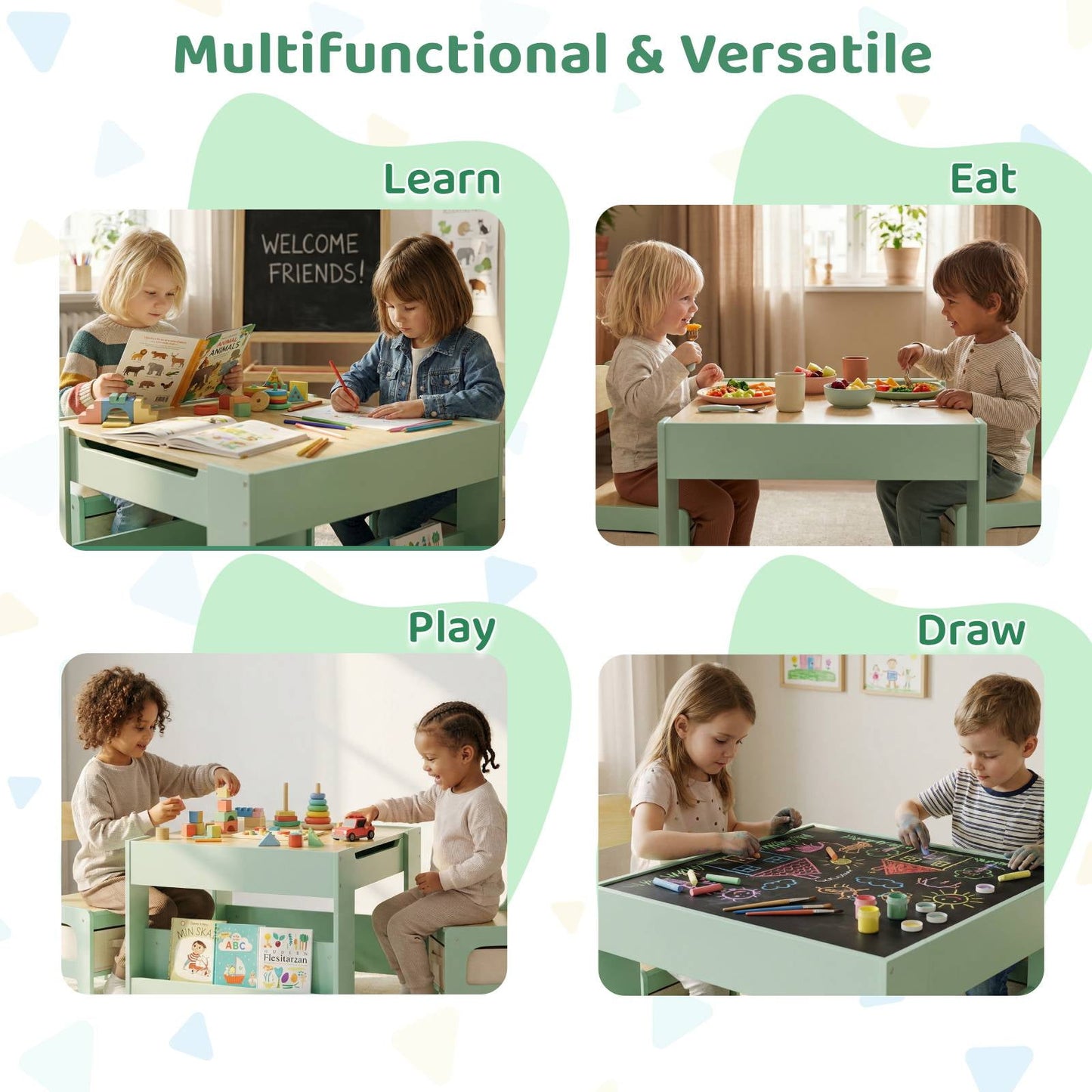 LAZY BUDDY Kids Table and Chairs Set, Toddler Desk with Storage Drawer, Wooden Activity Table Set with Detachable Tabletop, Bookshelf for Classroom/Home/Nursery
