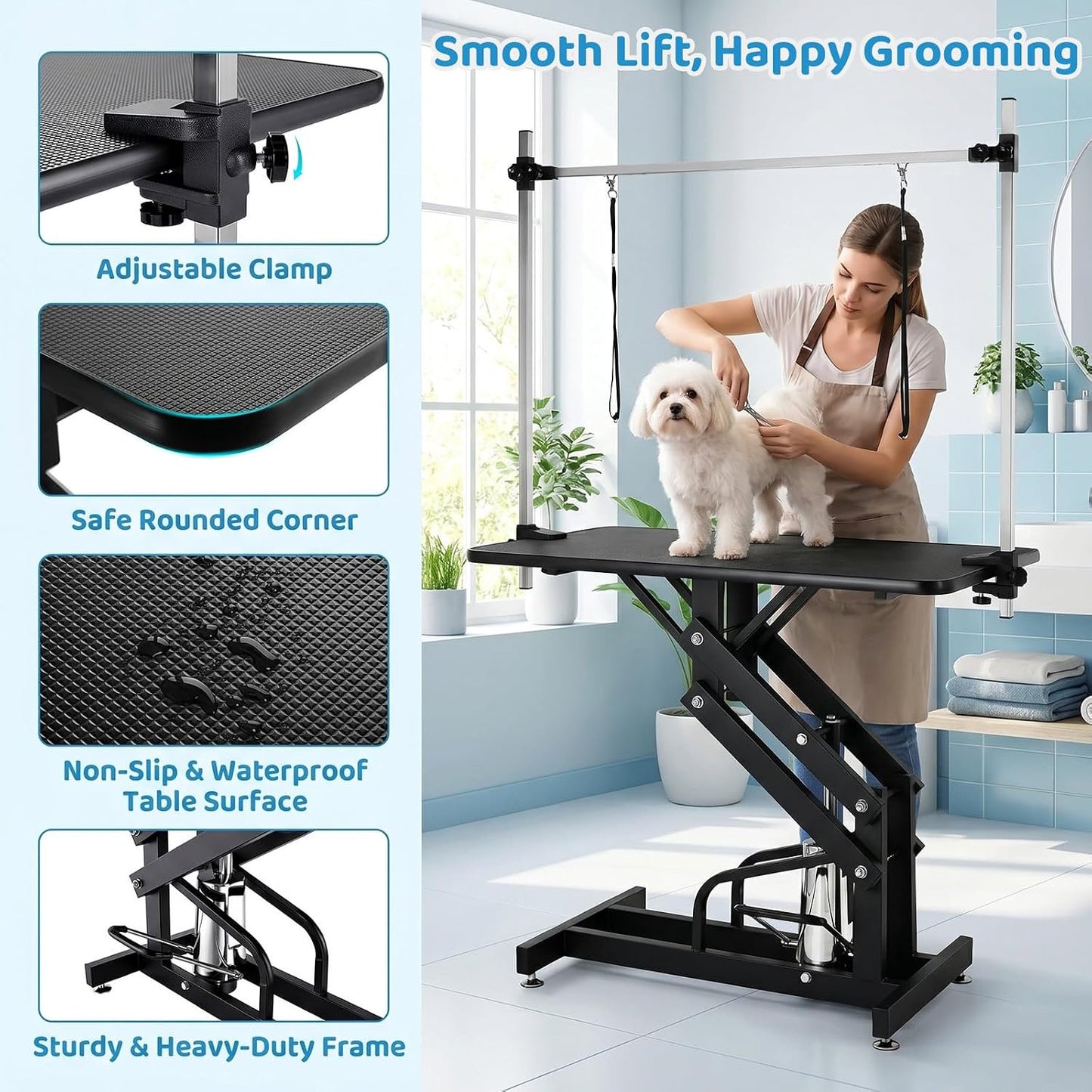 LAZY BUDDY 42.4in Professional Hydraulic Dog Grooming Table, Heavy Duty Pet Trimming Grooming Table with Adjustable Overhead Arm & Noose, 350lbs