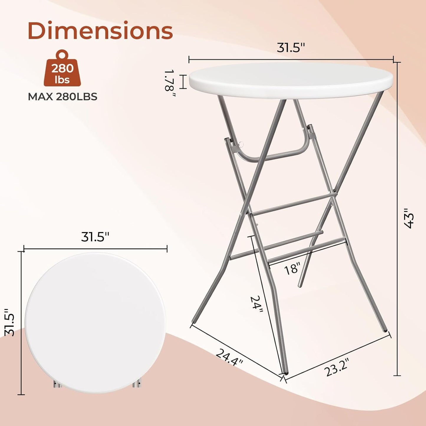 LAZY BUDDY 32'' Round Folding Table, Portable Bar Height Table with Detachable Legs, Cocktail Table with Plastic Top for Standing Parties, Event, Indoor Outdoor Use