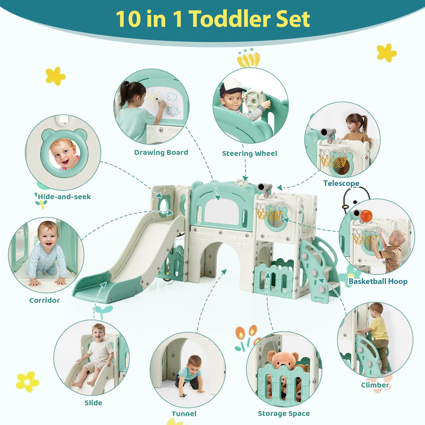 LAZY BUDDY 10 in 1 Toddler Slide, Freestanding Kids Slide and Climber Playset Indoor Outdoor Slide with Basketball Hoop, Telescope and Storage Space