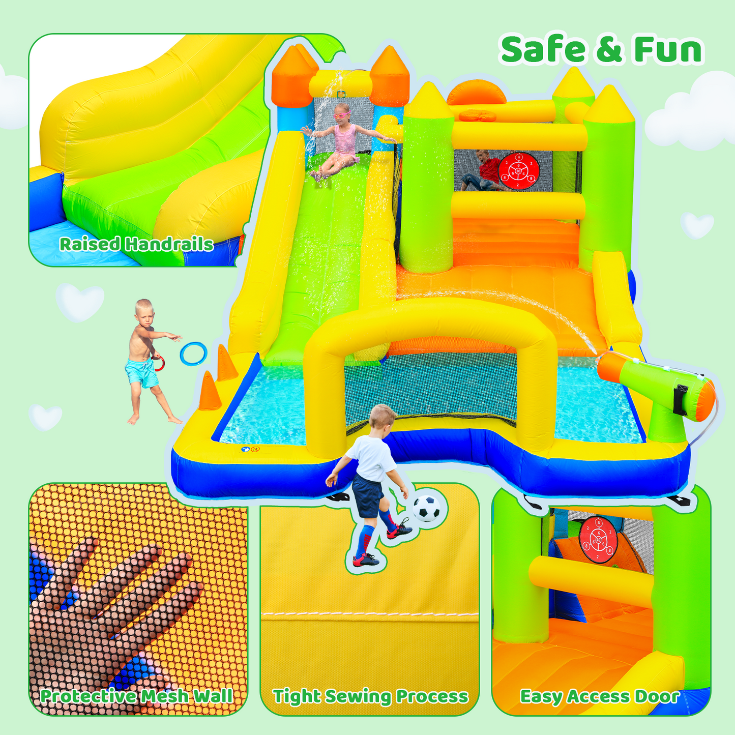 LAZY BUDDY Inflatable Water Slide Kids Bounce House with Splash Pool, Water Cannon, Climbing Wall, Blower & Basketball for Children Indoor / Outdoor Play