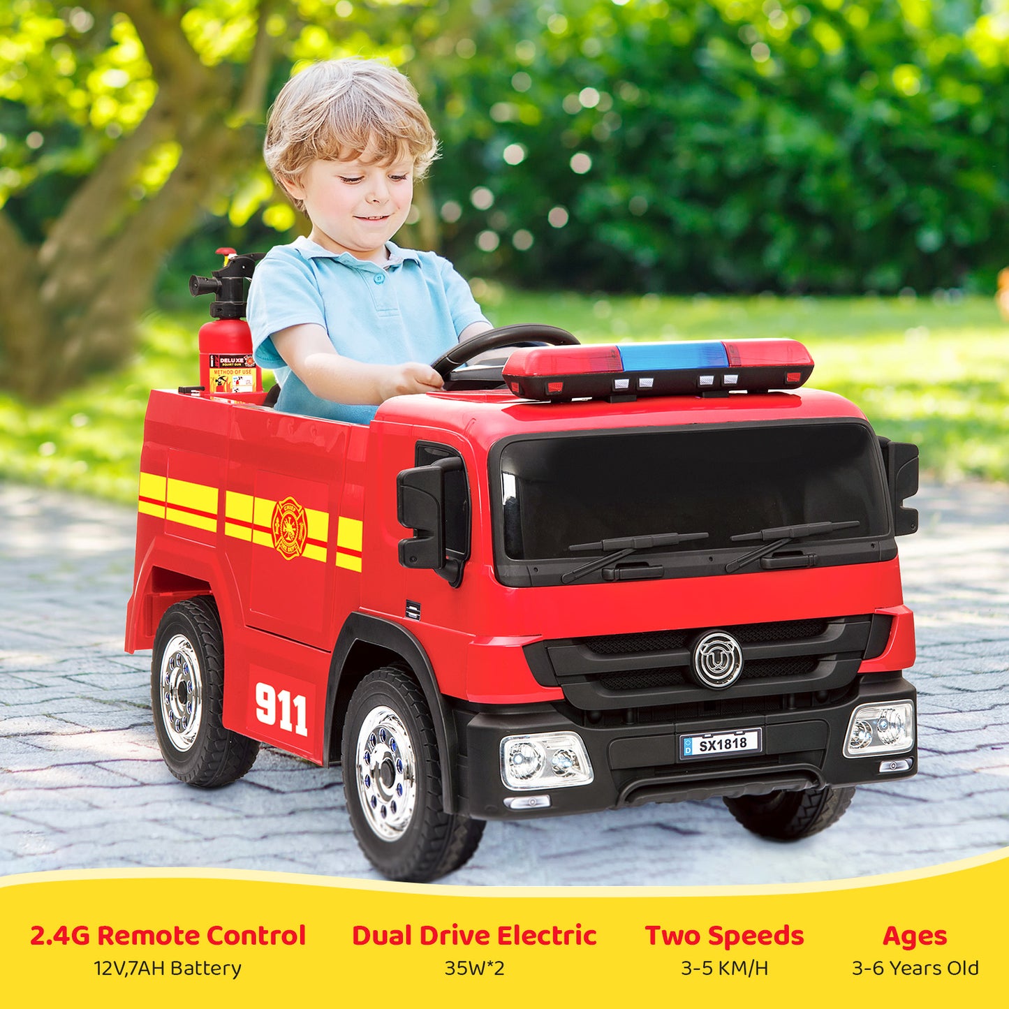 LAZY BUDDY Kids 12V Ride On Fire Truck Battery Powered Ride-Ons Toy Car with Remote Control, Siren for Boys Girls 3-6 Years