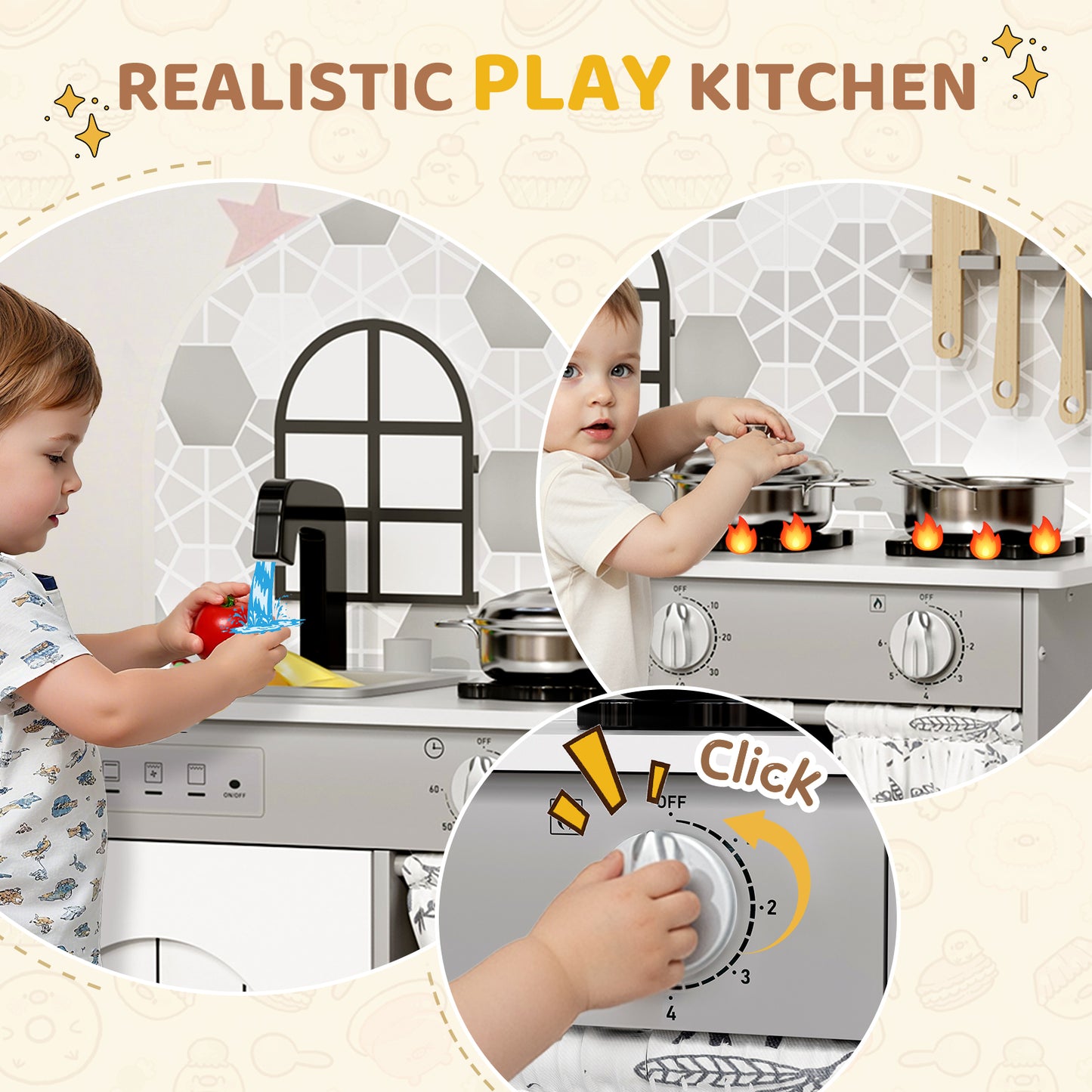 LAZY BUDDY Kids Kitchen Playset, Wooden Pretend Play Kitchen Toddler Interactive Toy with 5 Accessories