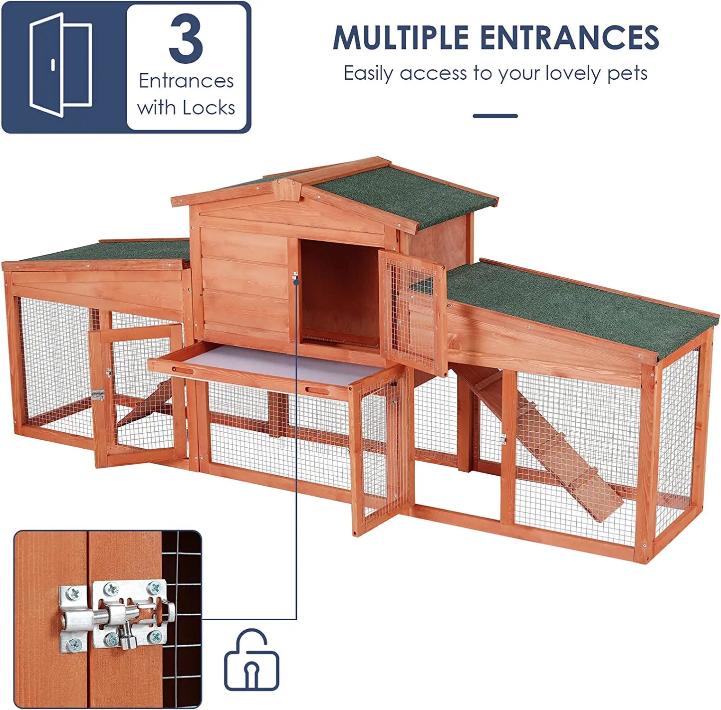 LAZY BUDDY 82.7'' Large Rabbit Hutch, Wooden Rabbit Cage Outdoor Backyard Bunny Cage with Ramps, Waterproof Roof