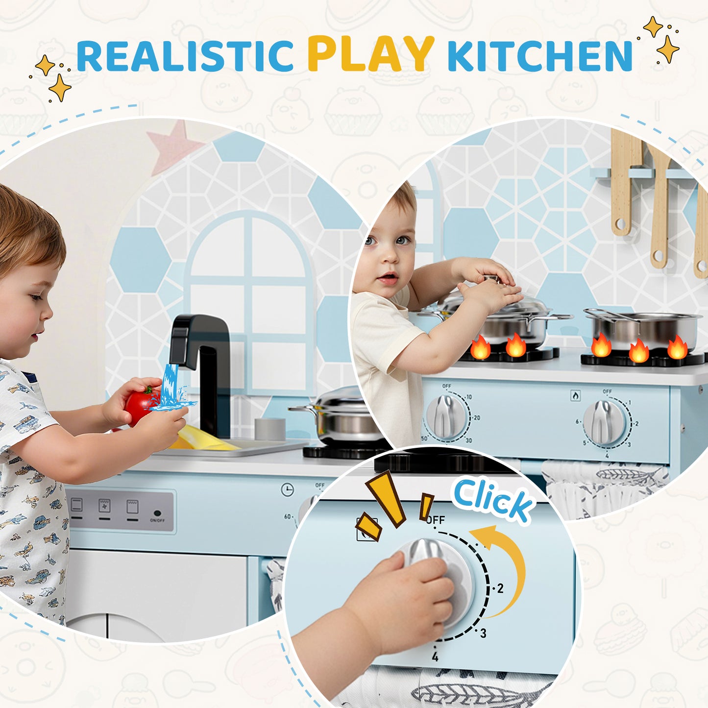 LAZY BUDDY Kids Kitchen Playset, Wooden Pretend Play Kitchen Toddler Interactive Toy with 5 Accessories