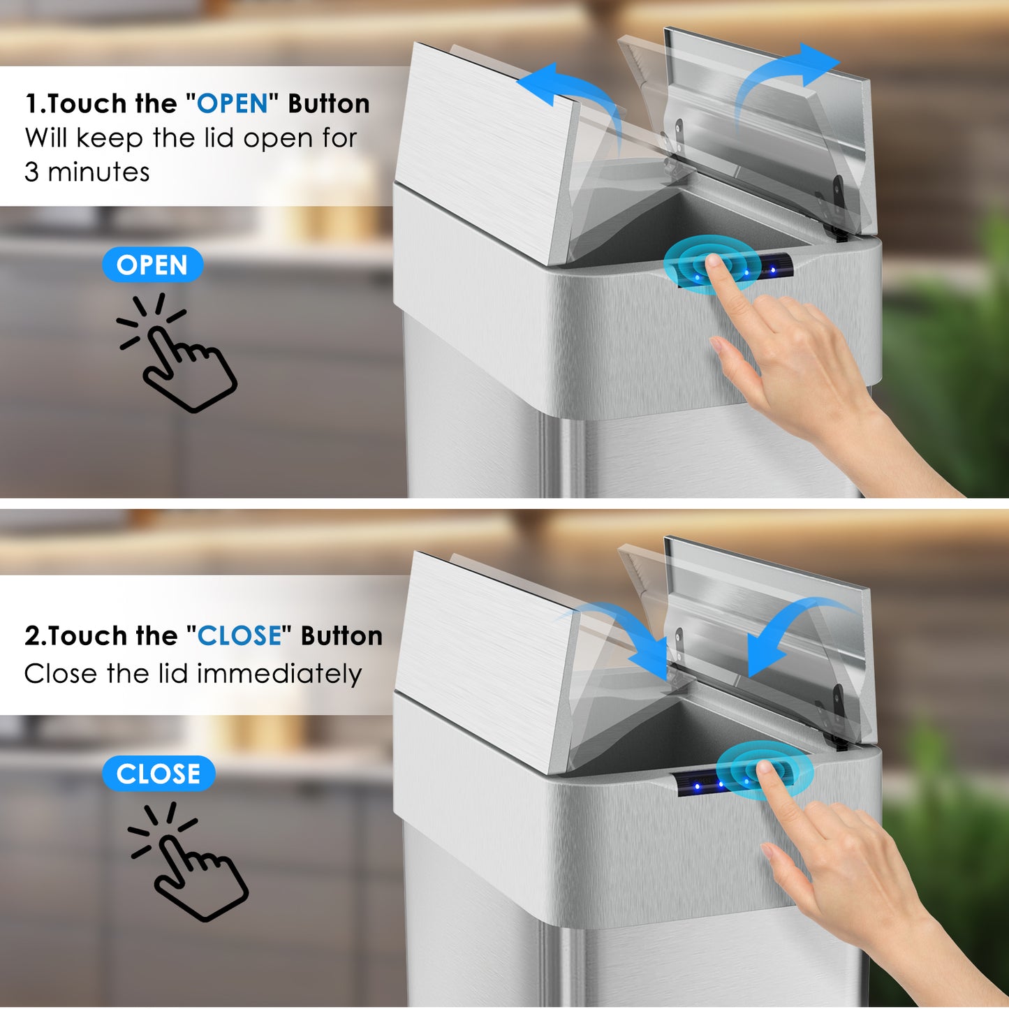 LAZY BUDDY 18.5/21.1 Gal Automatic Trash Can, Motion Sensor Garbage Bin W/ Soft-Close, Wings-Open Kitchen Trash Can for Living, Dining room, Kitchen, Silver Stainless Steel